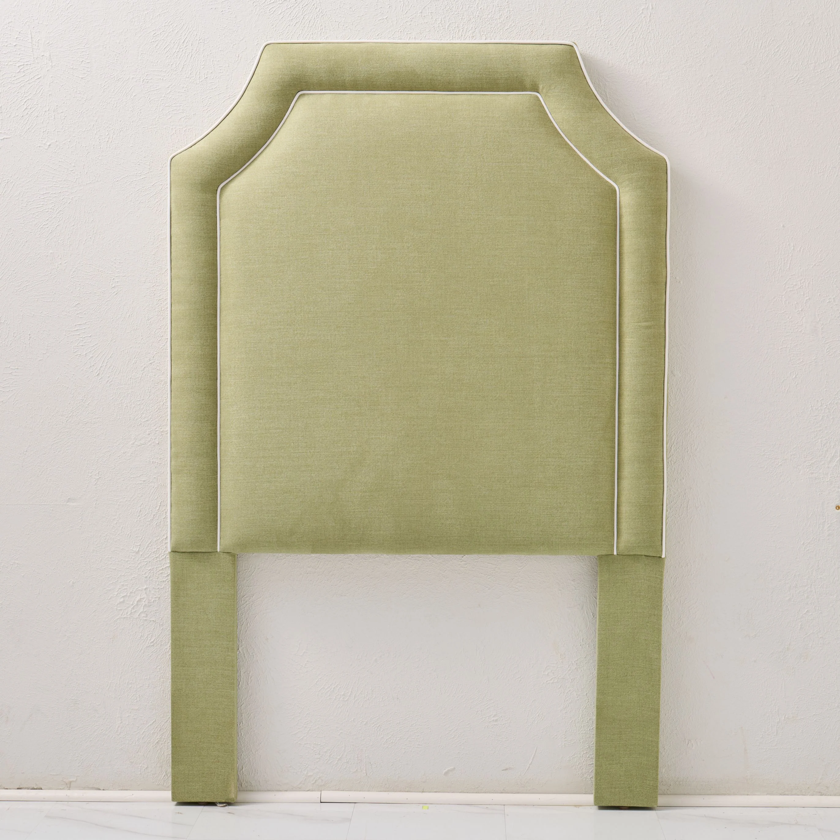 65”H Twin Headboard only - Pistachio Green Woven Fabric with White Trim - Image 4