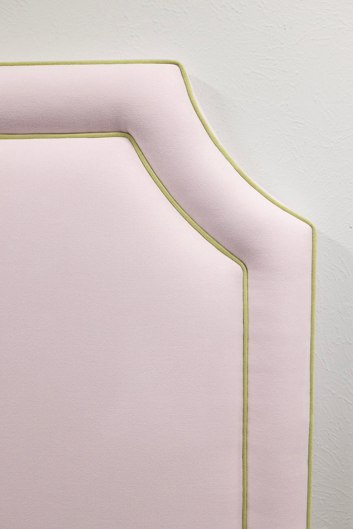65”H Twin Headboard only - Powder Pink Woven Fabric - Green Trim - Image 4
