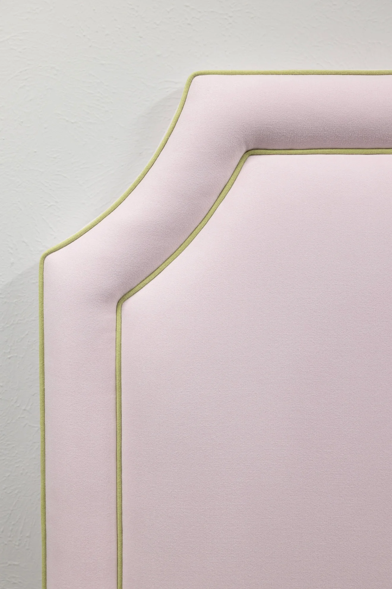 65”H Twin Headboard only - Powder Pink Woven Fabric - Green Trim - Image 6
