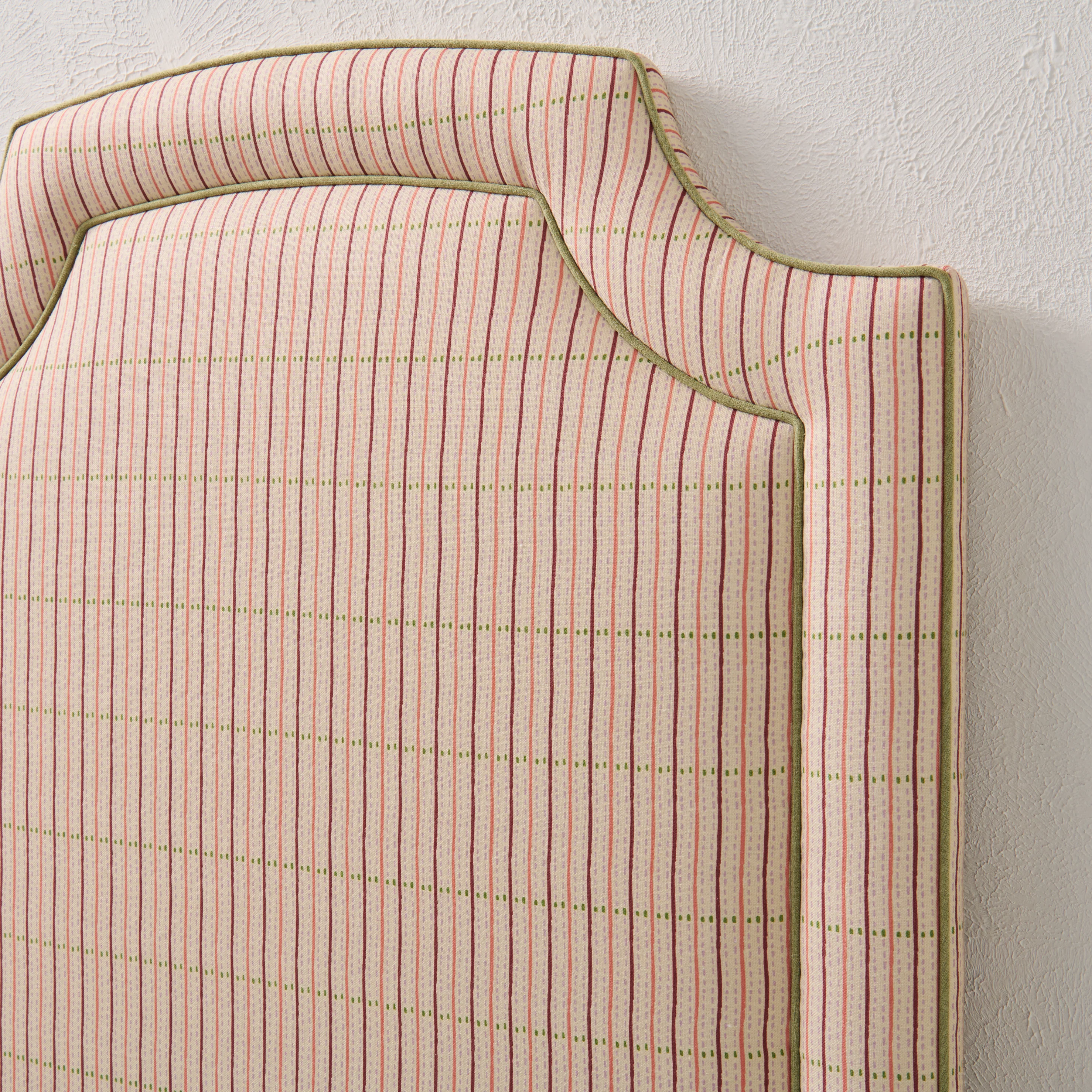 65”H Twin Headboard only - Striped Cream Fabric - Green Trim - Image 2