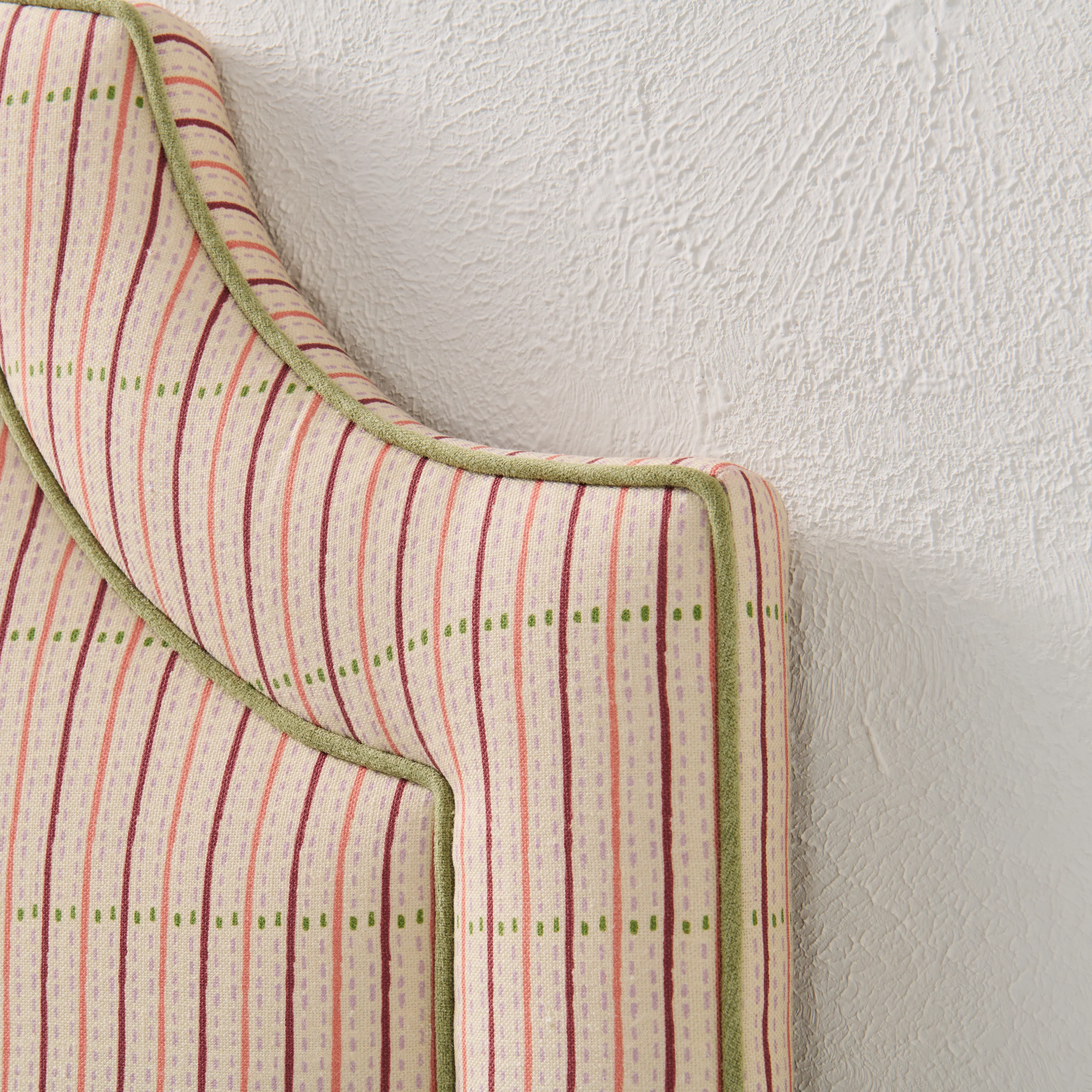 65”H Twin Headboard only - Striped Cream Fabric - Green Trim - Image 3