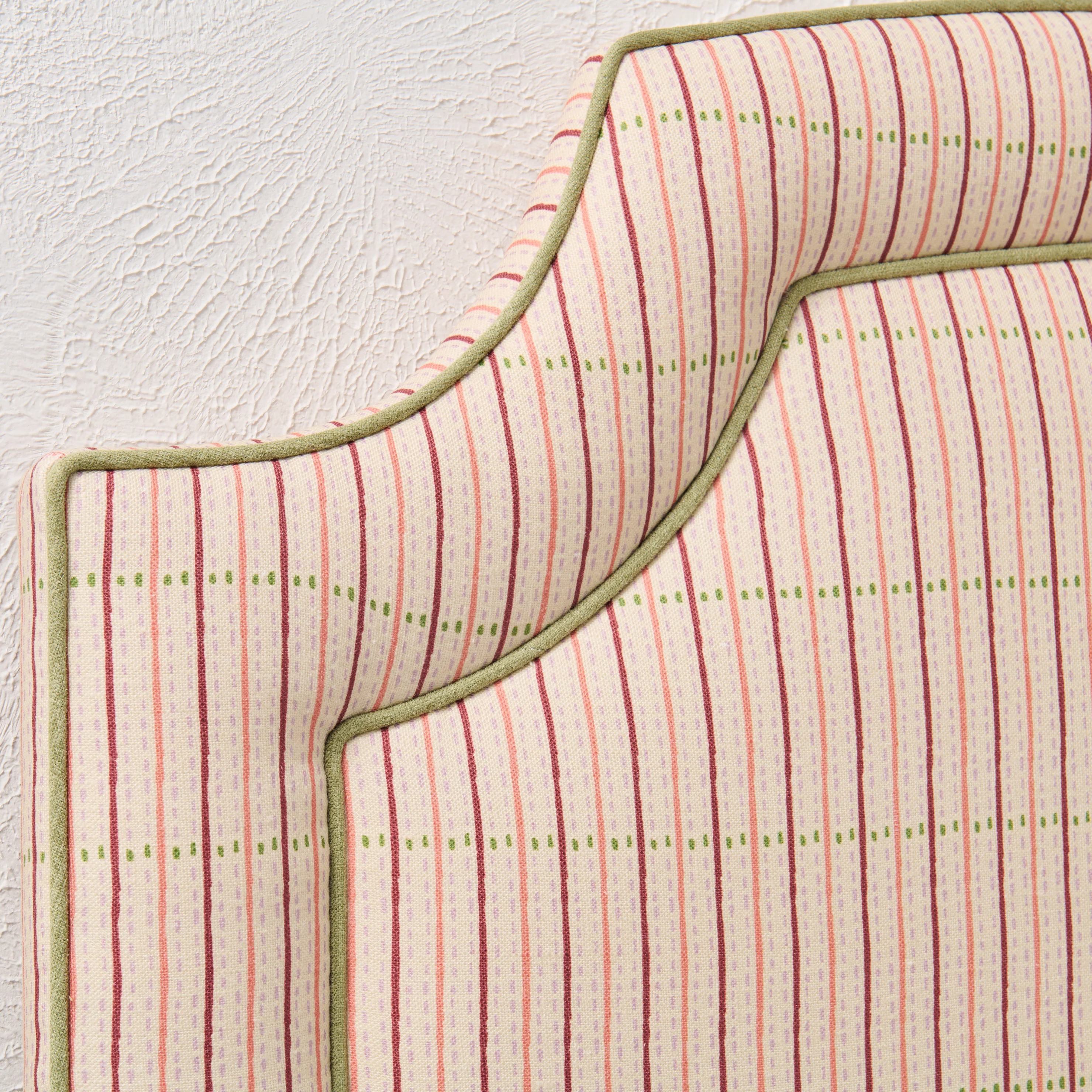 65”H Twin Headboard only - Striped Cream Fabric - Green Trim - Image 4