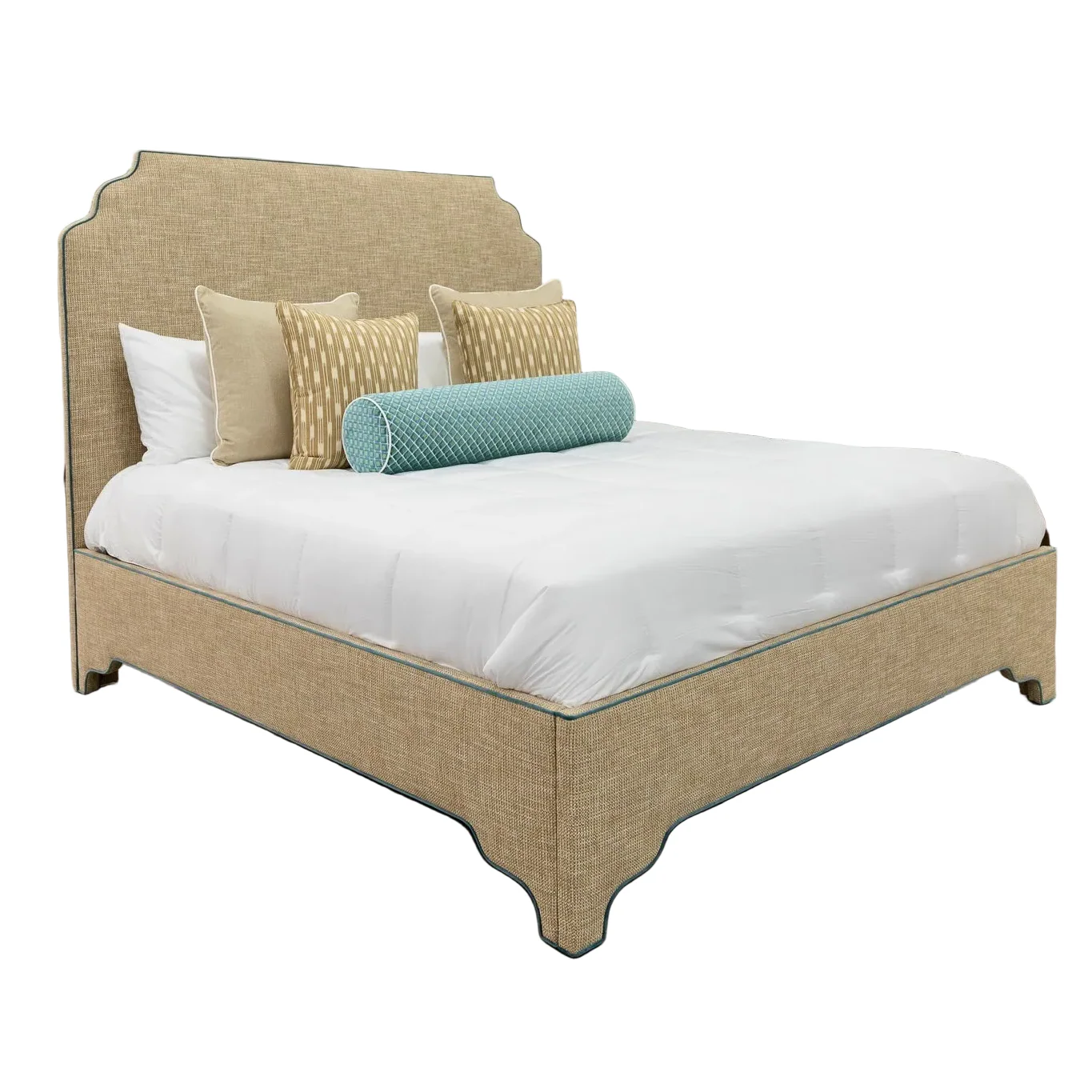 65"H Helena King Platform Bed - Scalloped Legs - Performance Brown Linen Fabric - Blue Trim
