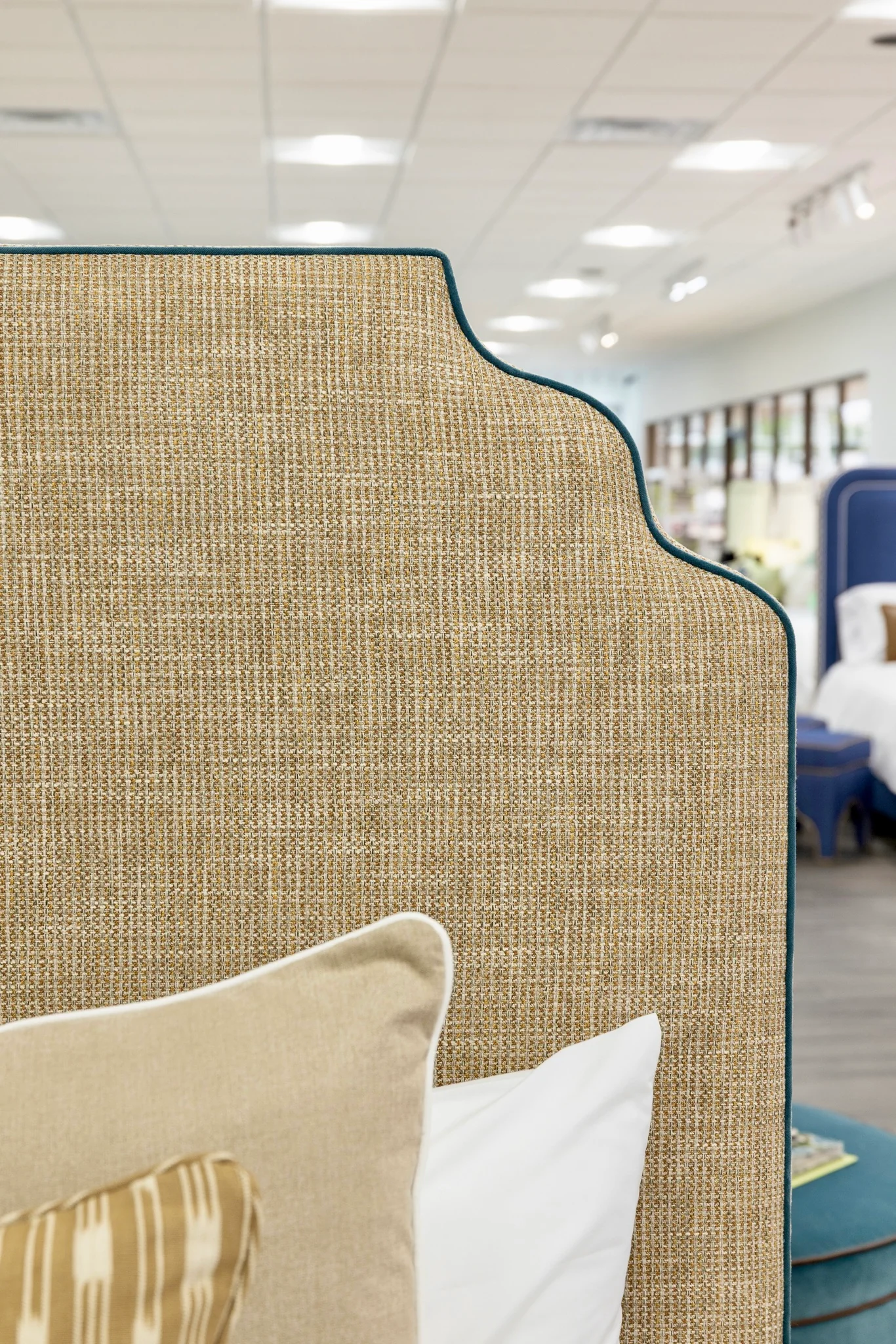 65"H Helena King Platform Bed - Scalloped Legs - Performance Brown Linen Fabric - Blue Trim - Image 3