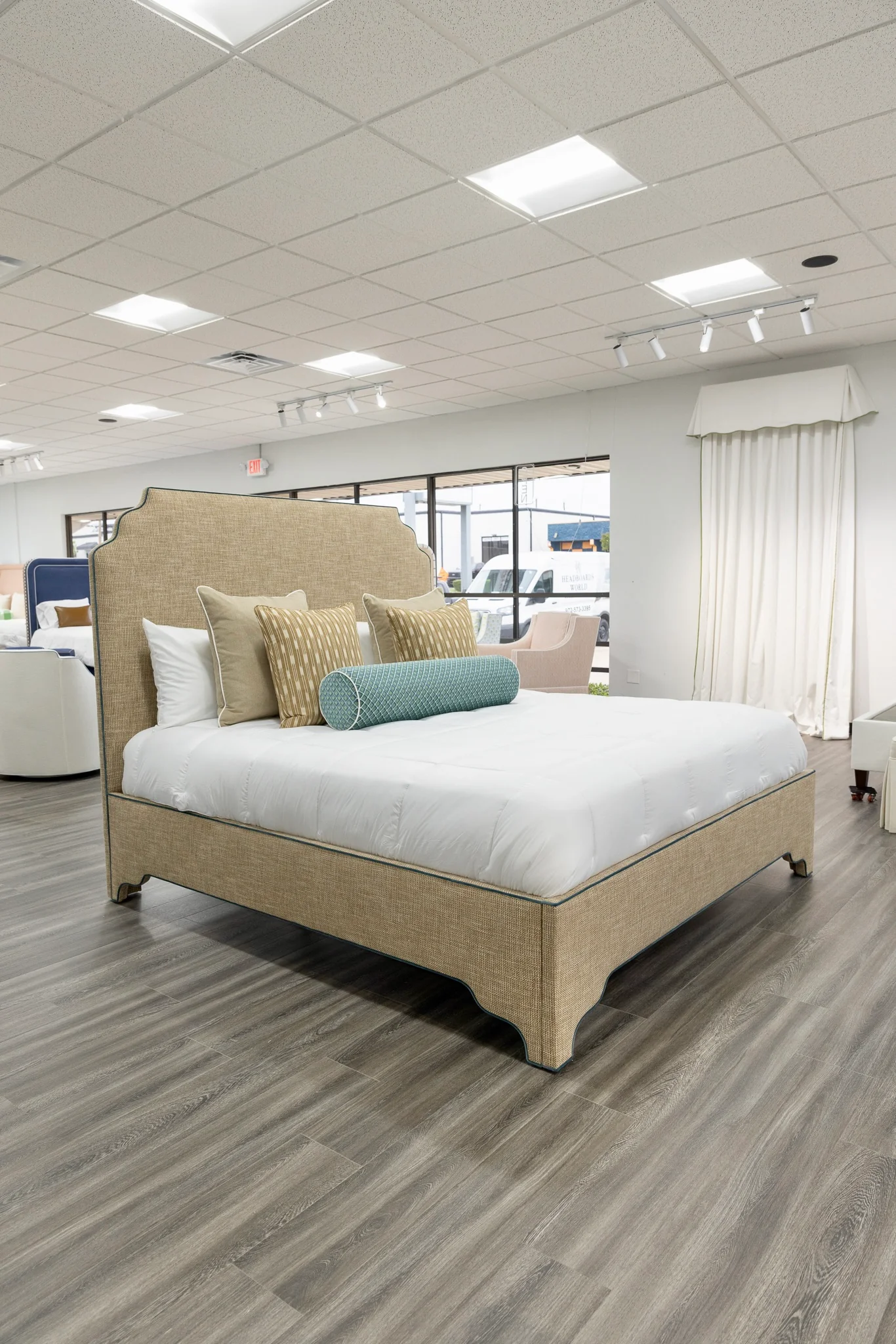65"H Helena King Platform Bed - Scalloped Legs - Performance Brown Linen Fabric - Blue Trim - Image 6