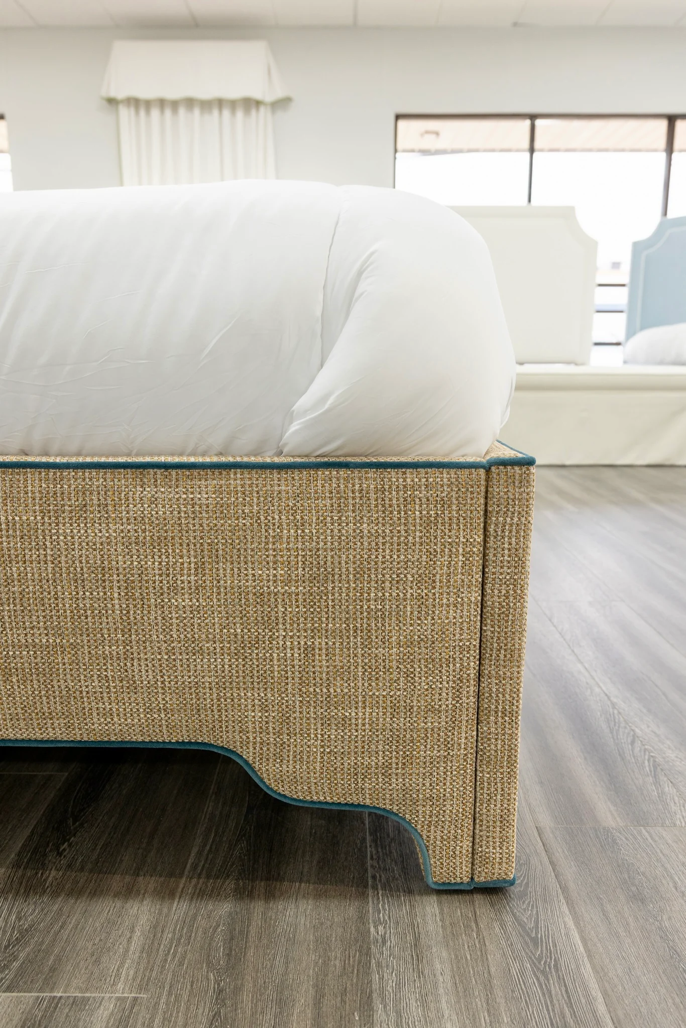 65"H Helena King Platform Bed - Scalloped Legs - Performance Brown Linen Fabric - Blue Trim - Image 8