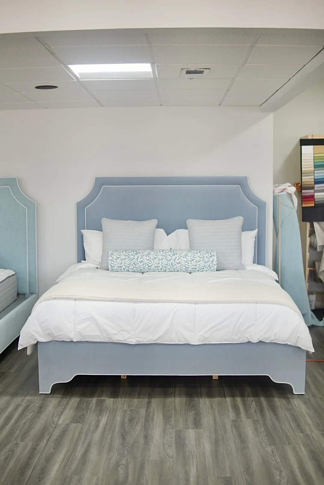 65"H King Bed  - Ashley Blue Chenille Fabric - Image 2