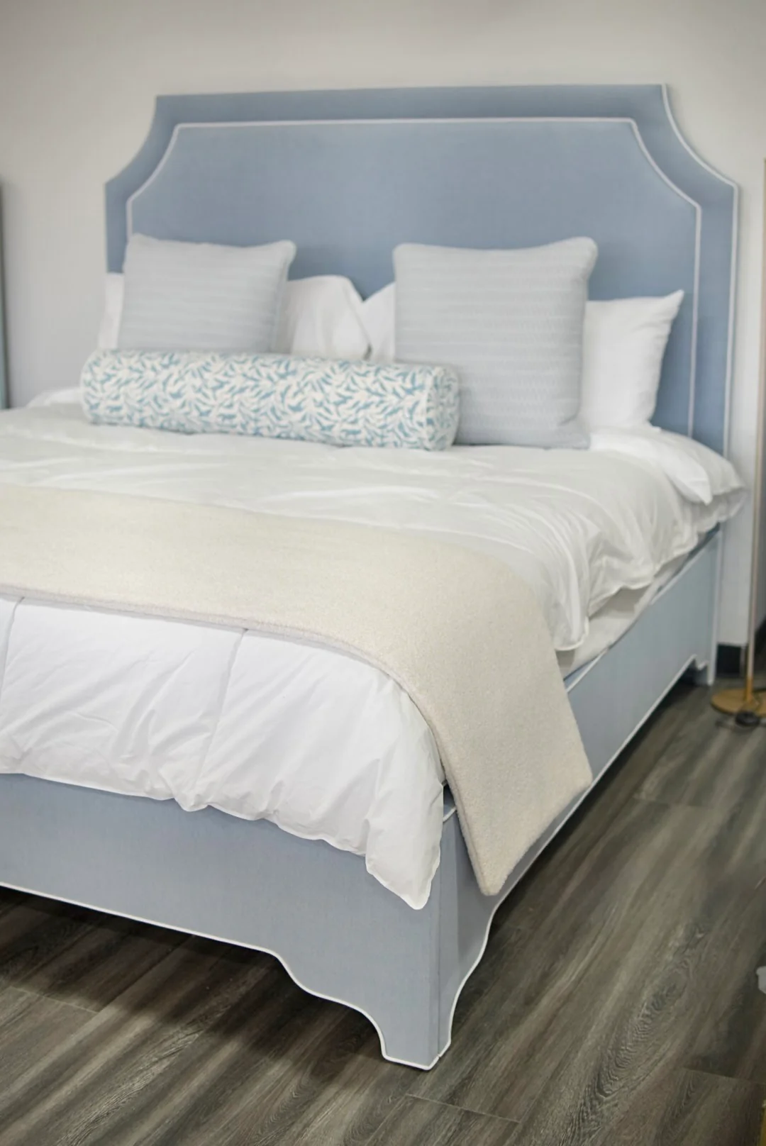 65"H King Bed  - Ashley Blue Chenille Fabric - Image 4