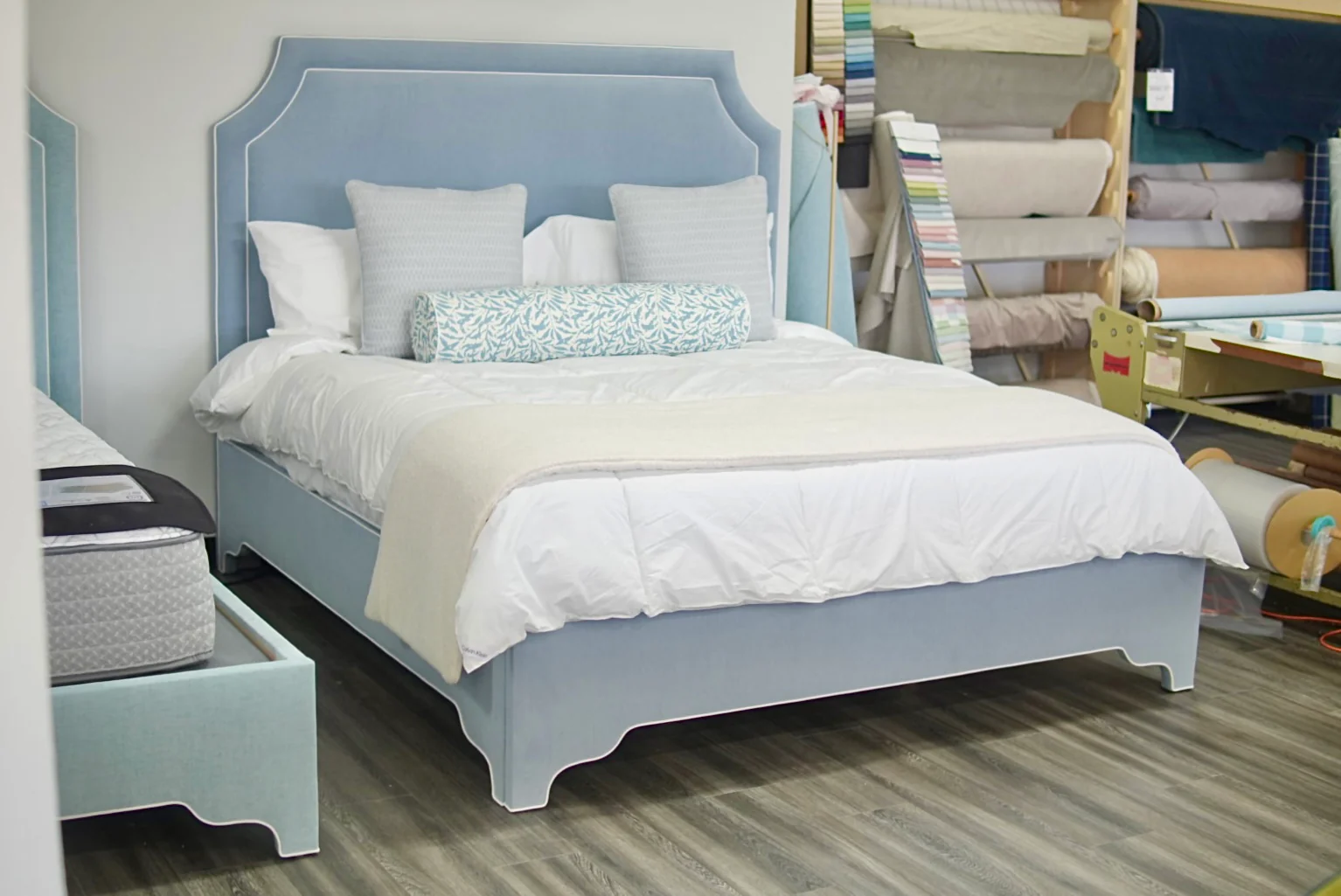 65"H King Bed  - Ashley Blue Chenille Fabric - Image 6