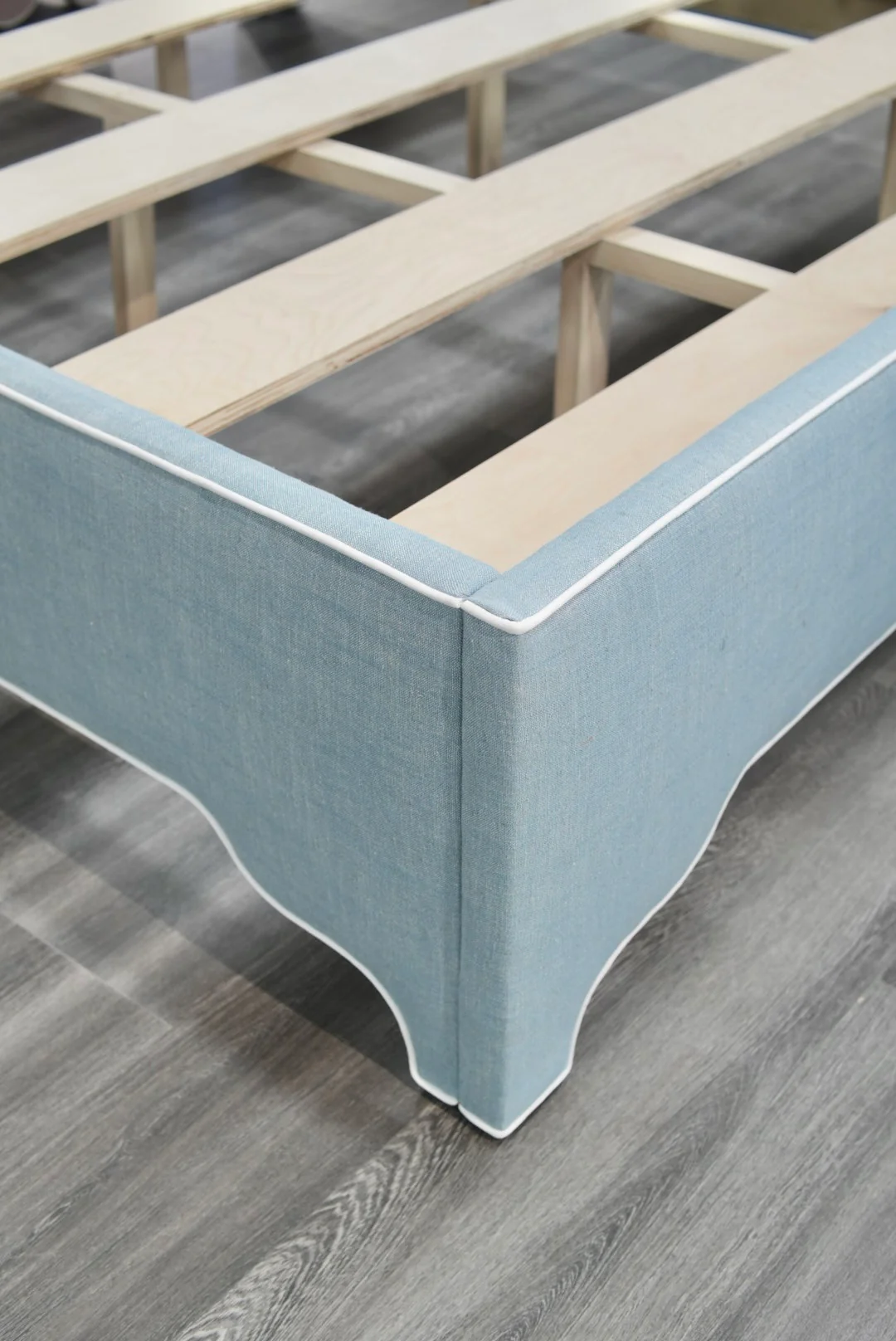 65"H King Bed - Glacier Blue Linen Fabric with White Trim - Image 5