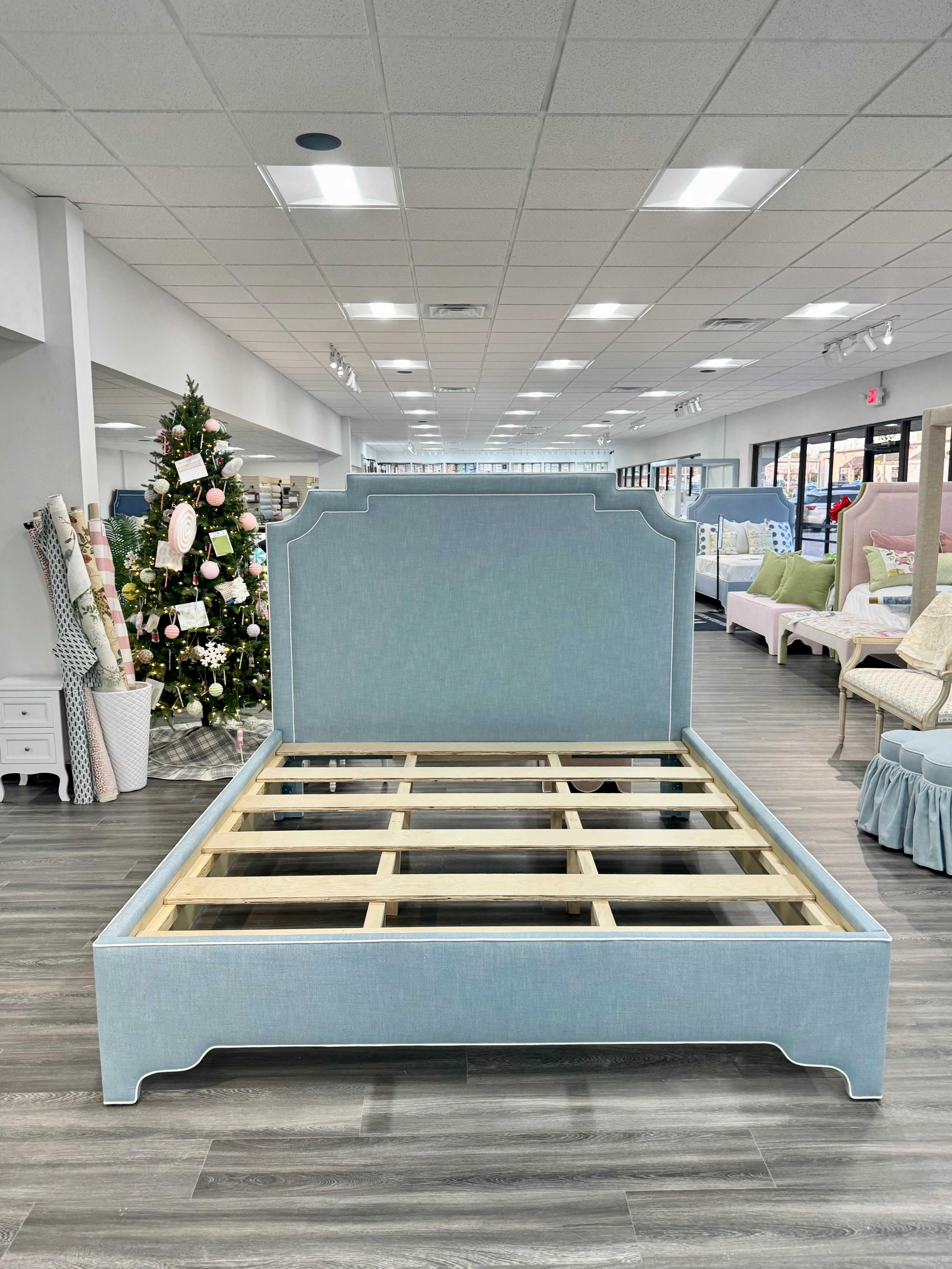 65"H King Bed - Glacier Blue Linen Fabric with White Trim - Image 7