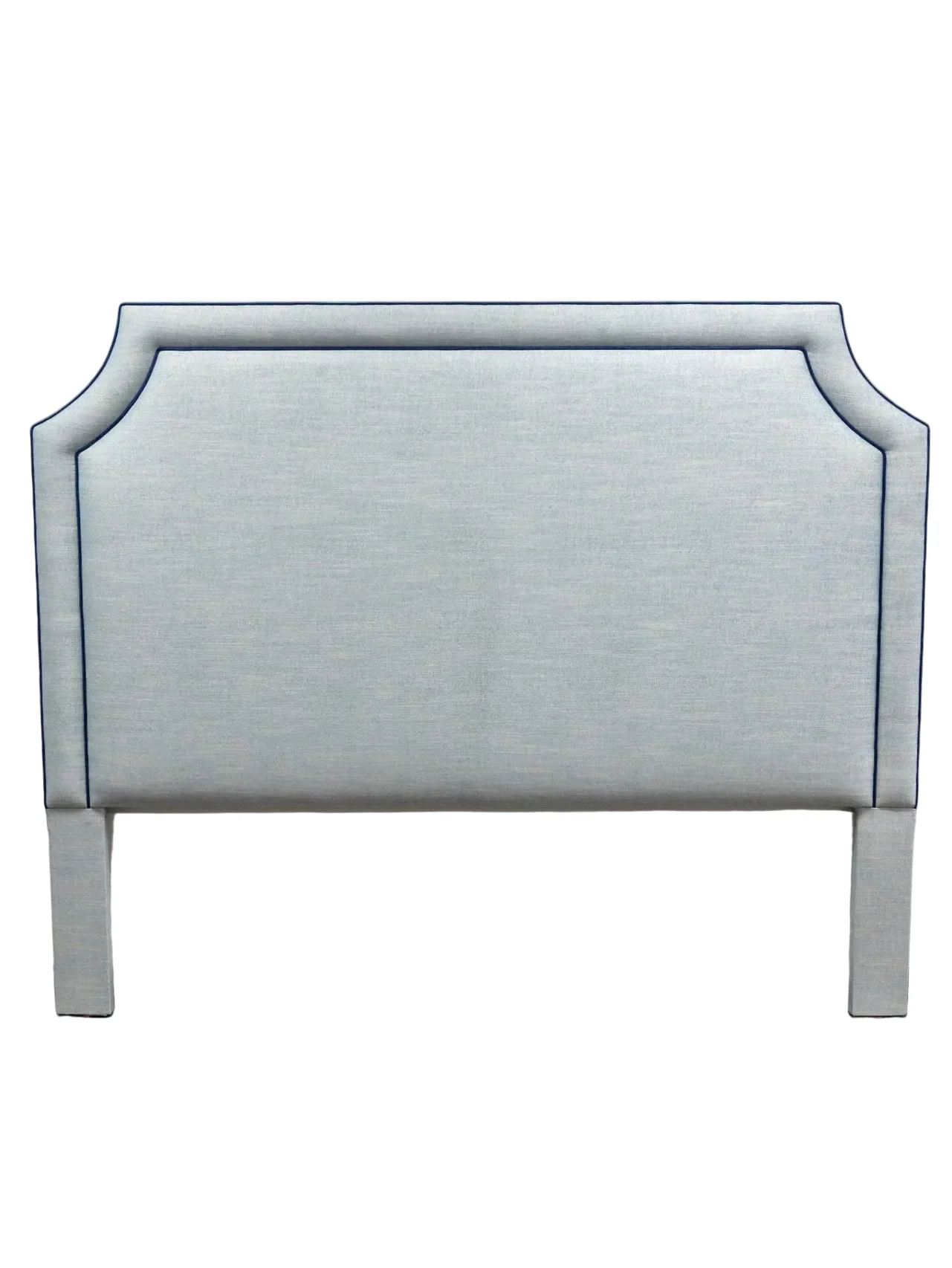 65"H King Headboard in Light Denim Fabric - Navy Trim