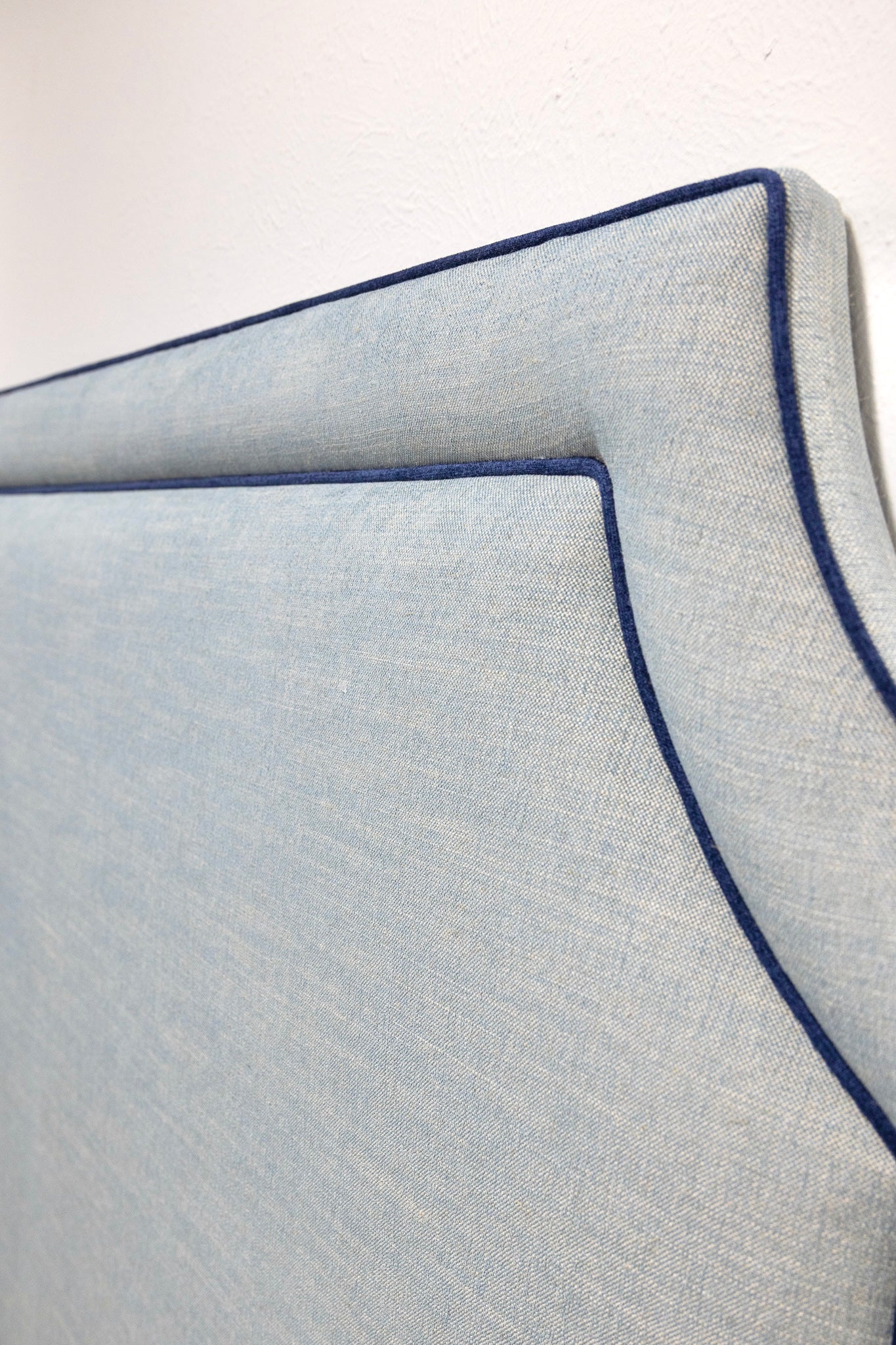 65"H King Headboard in Light Denim Fabric - Navy Trim - Image 2