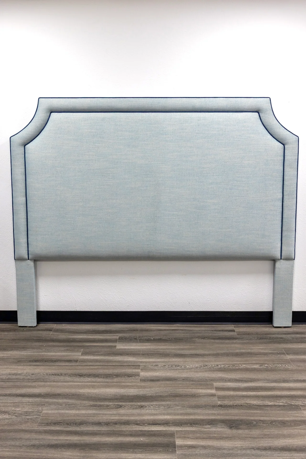 65"H King Headboard in Light Denim Fabric - Navy Trim - Image 3