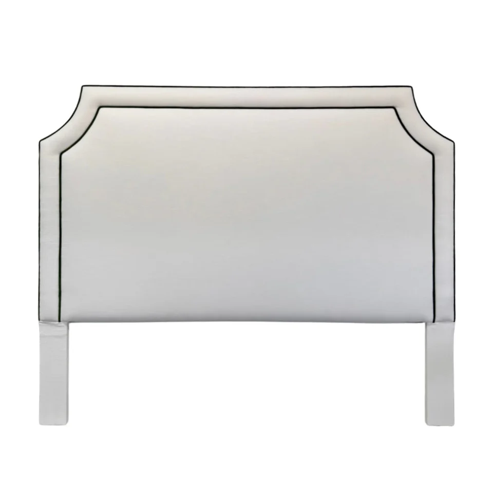 65"H King Headboard in White Linen Fabric - Green Velvet Trim