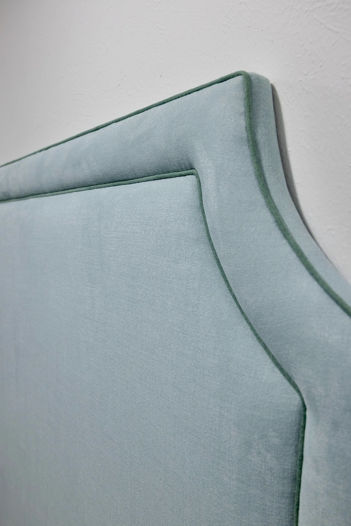65"H King Headboard in Sky Blue Woven Fabric - Sage Trim - Image 2