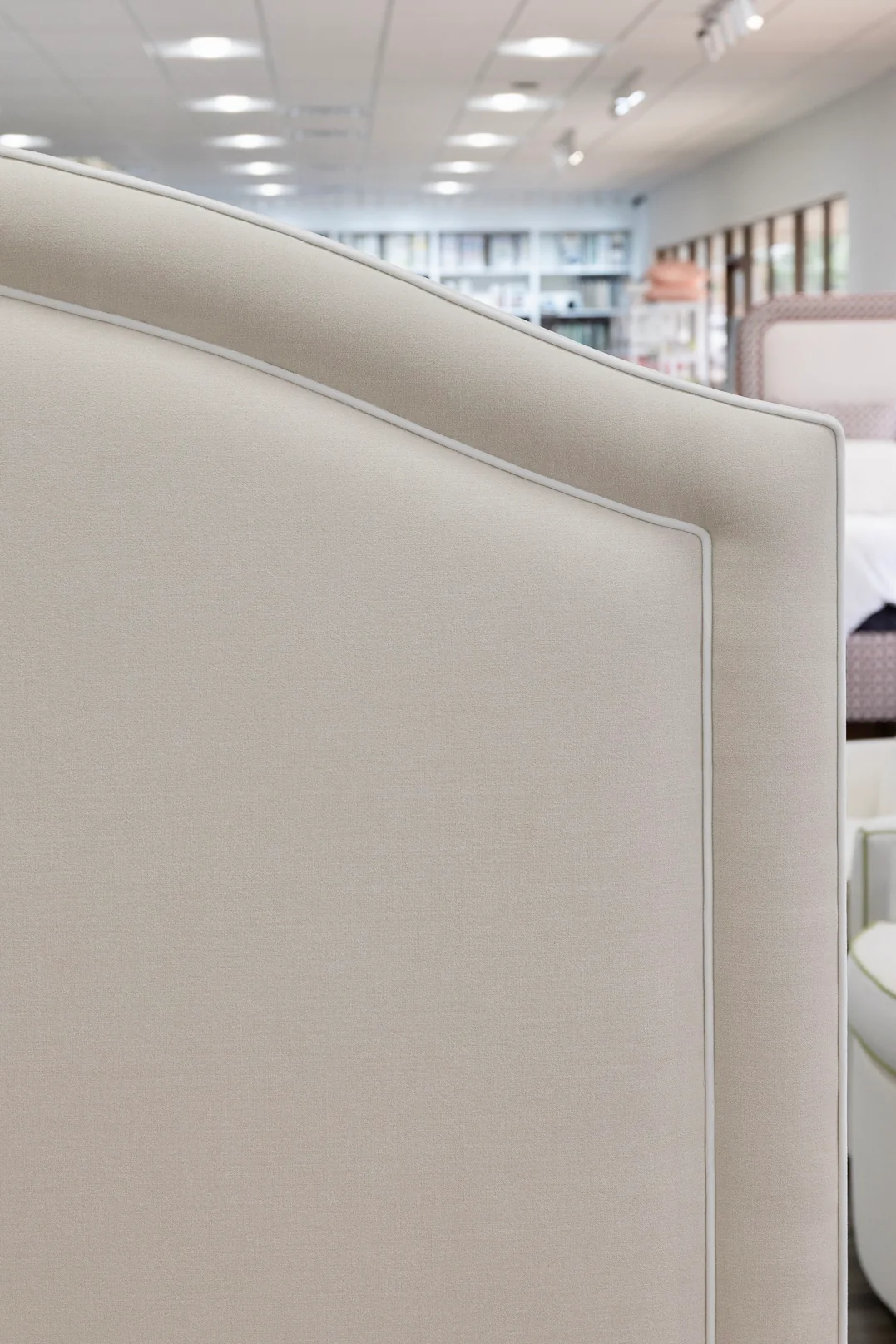 65"H King Platform Bed - Upholstered Legs - Oatmeal Woven Fabric - White Trim - Image 3