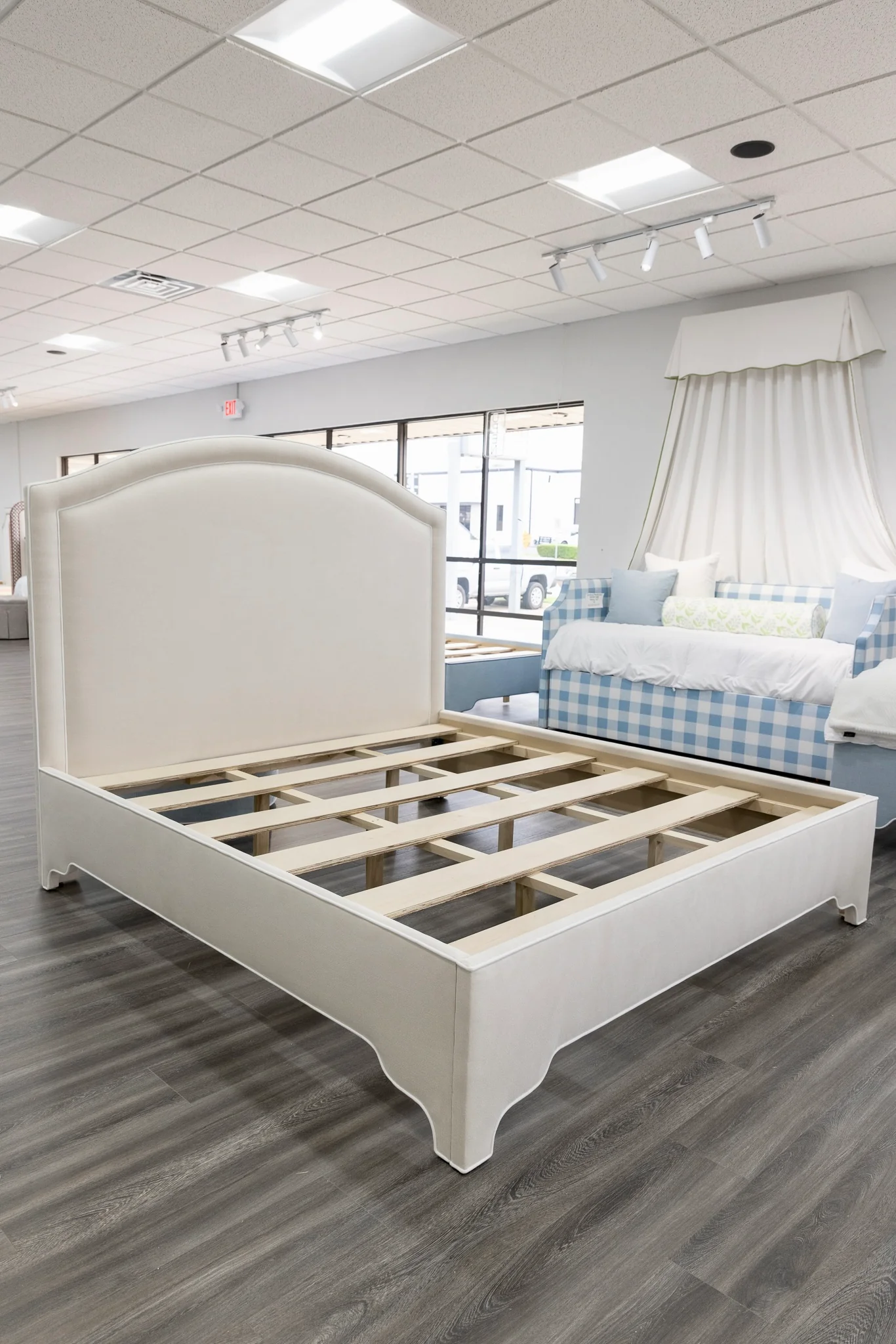 65"H King Platform Bed - Upholstered Legs - Oatmeal Woven Fabric - White Trim - Image 4