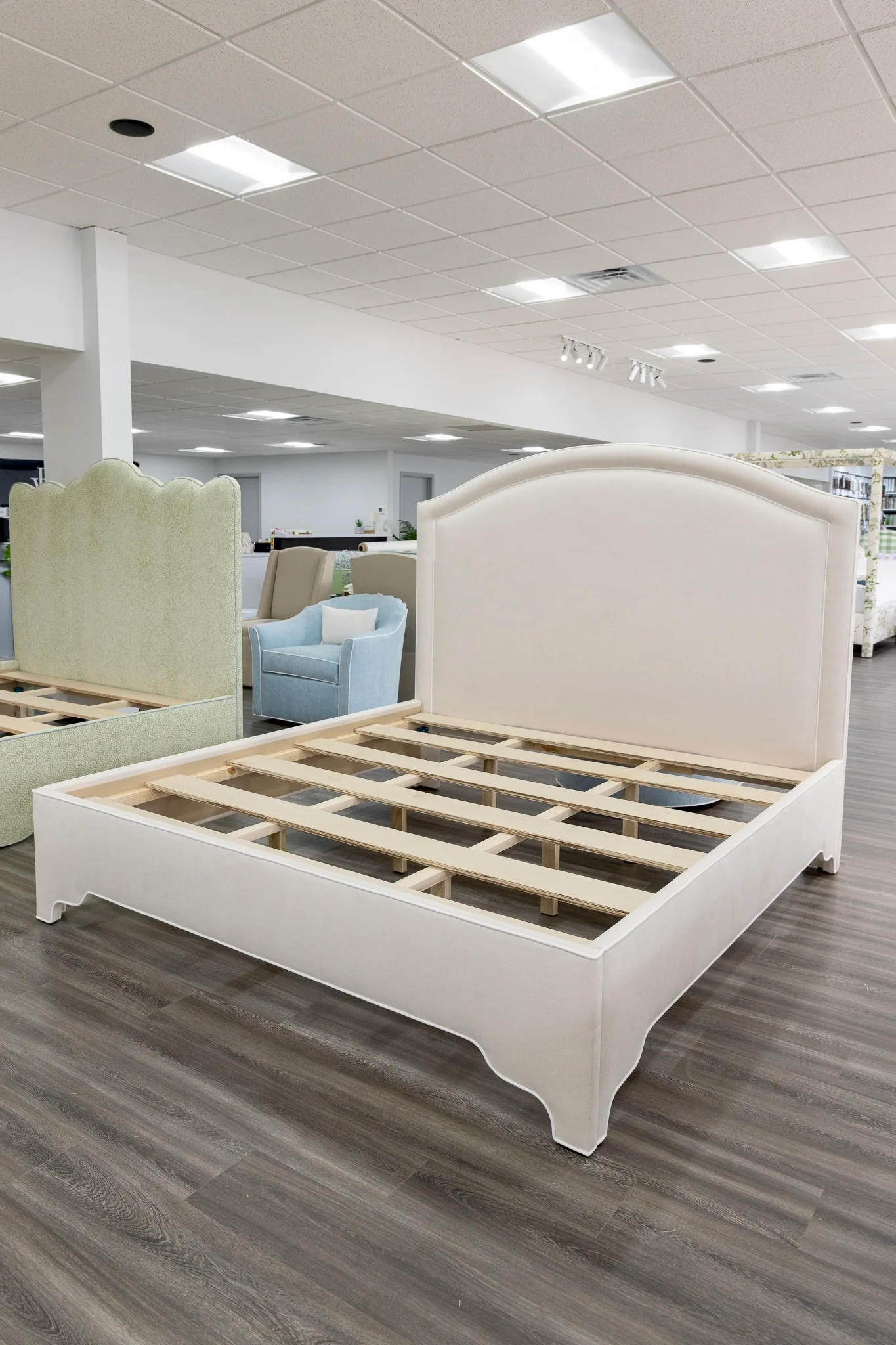 65"H King Platform Bed - Upholstered Legs - Oatmeal Woven Fabric - White Trim - Image 5