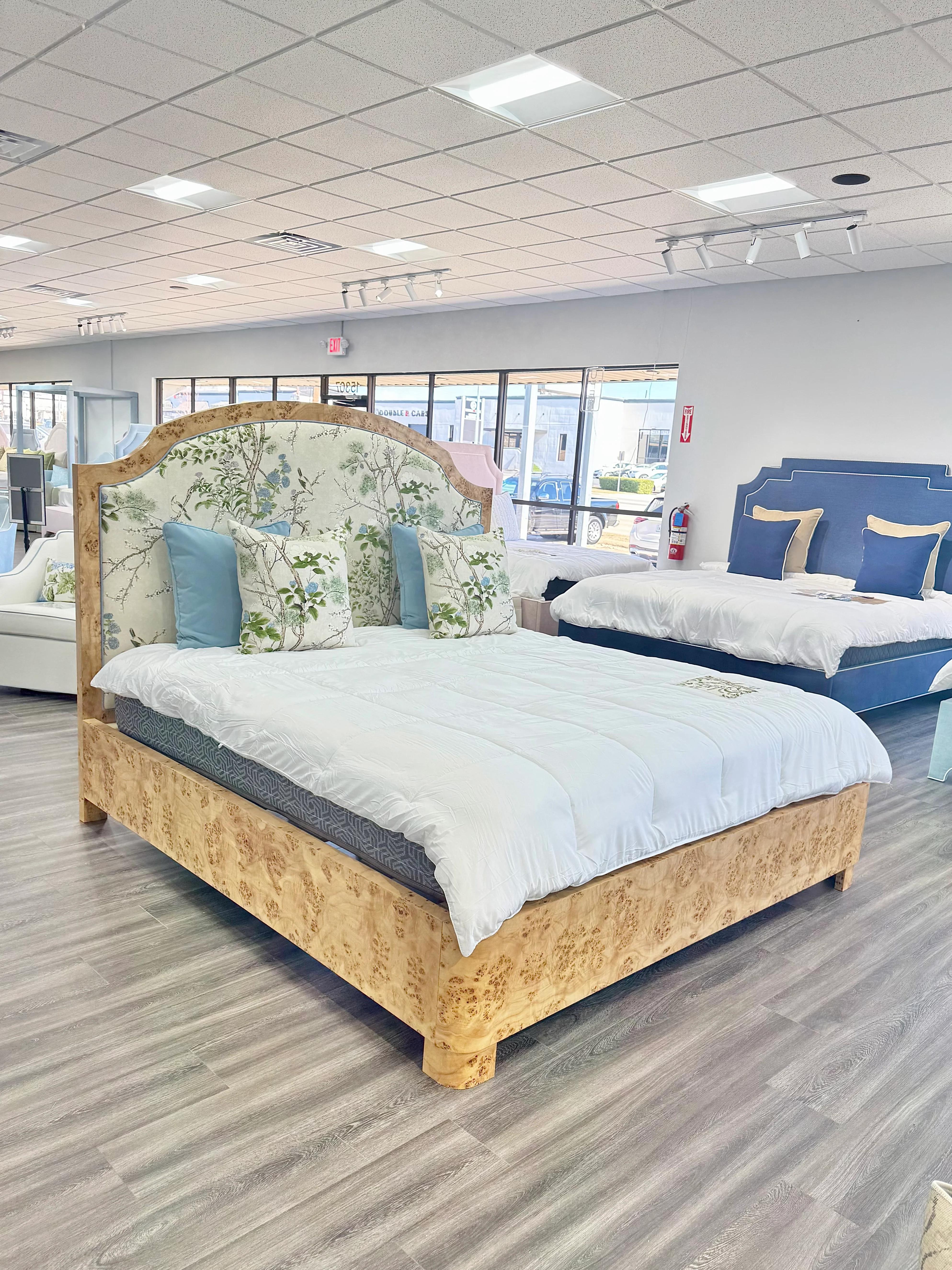 65"H Mappa Burlwood King Bed - Upholstered in Katsura Thibaut Fabric - Blue Trim - Image 10