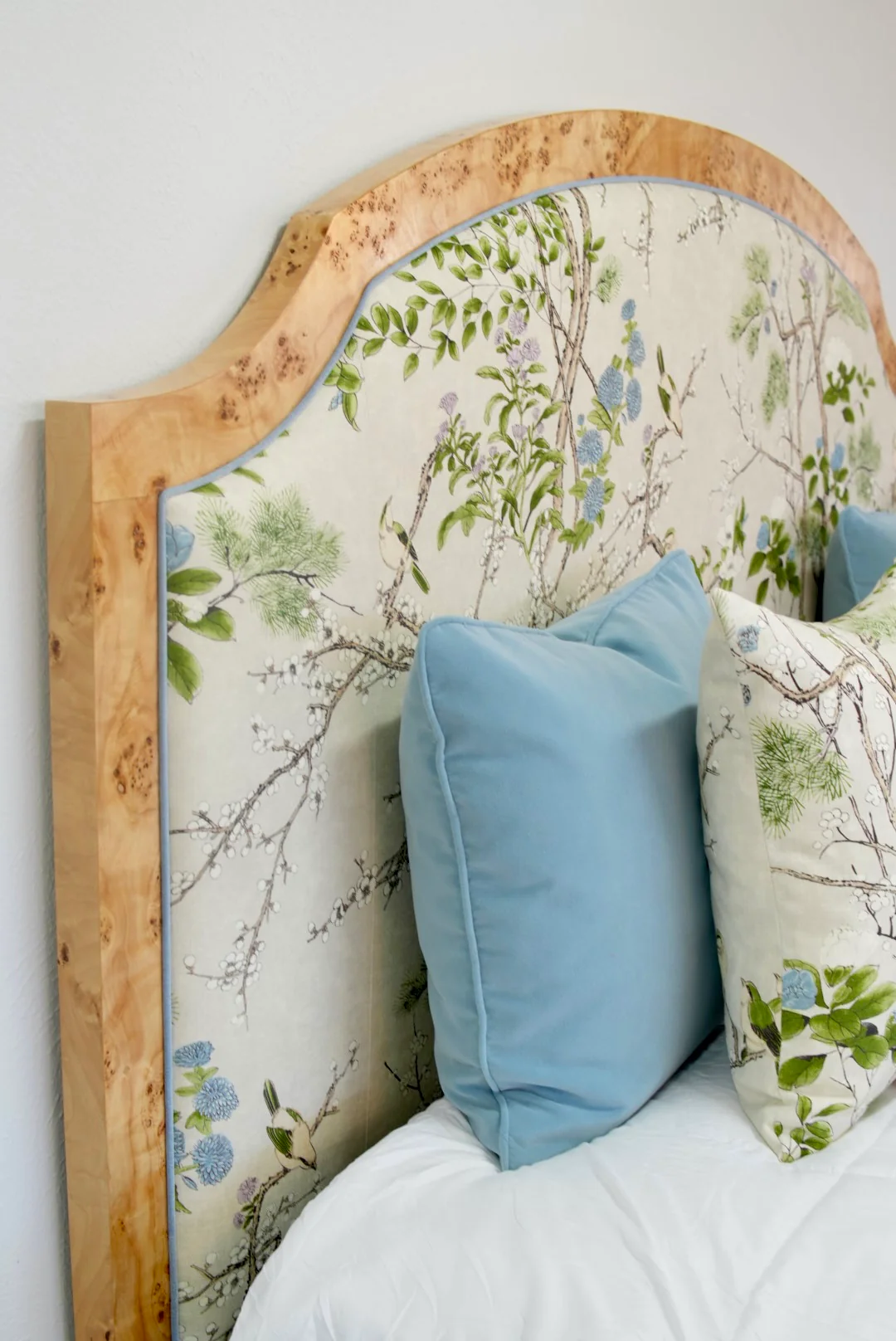 65"H Mappa Burlwood King Bed - Upholstered in Katsura Thibaut Fabric - Blue Trim - Image 11