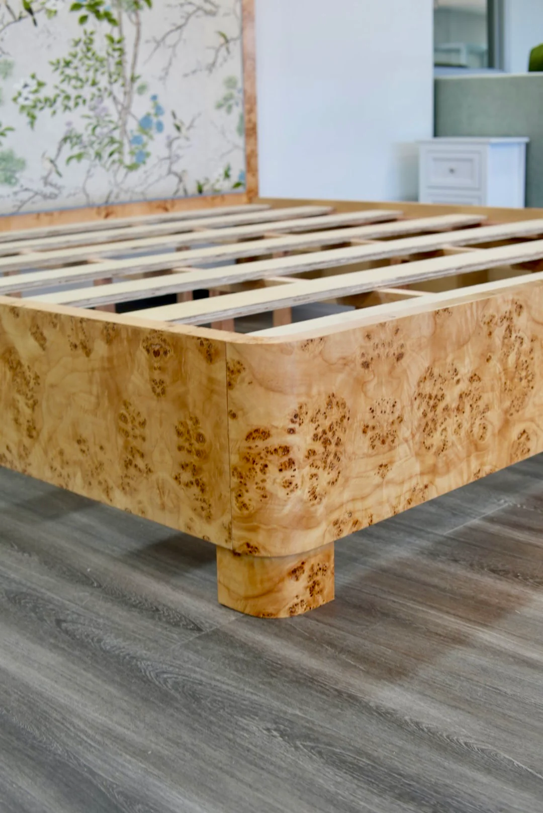 65"H Mappa Burlwood King Bed - Upholstered in Katsura Thibaut Fabric - Blue Trim - Image 17