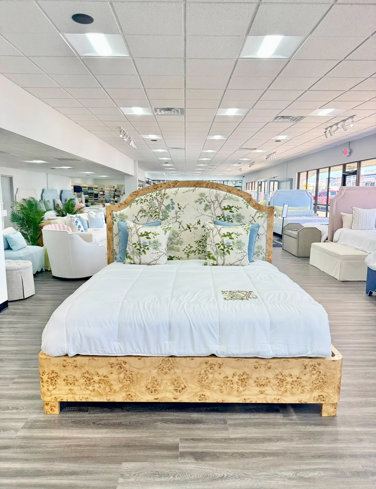 65"H Mappa Burlwood King Bed - Upholstered in Katsura Thibaut Fabric - Blue Trim - Image 2