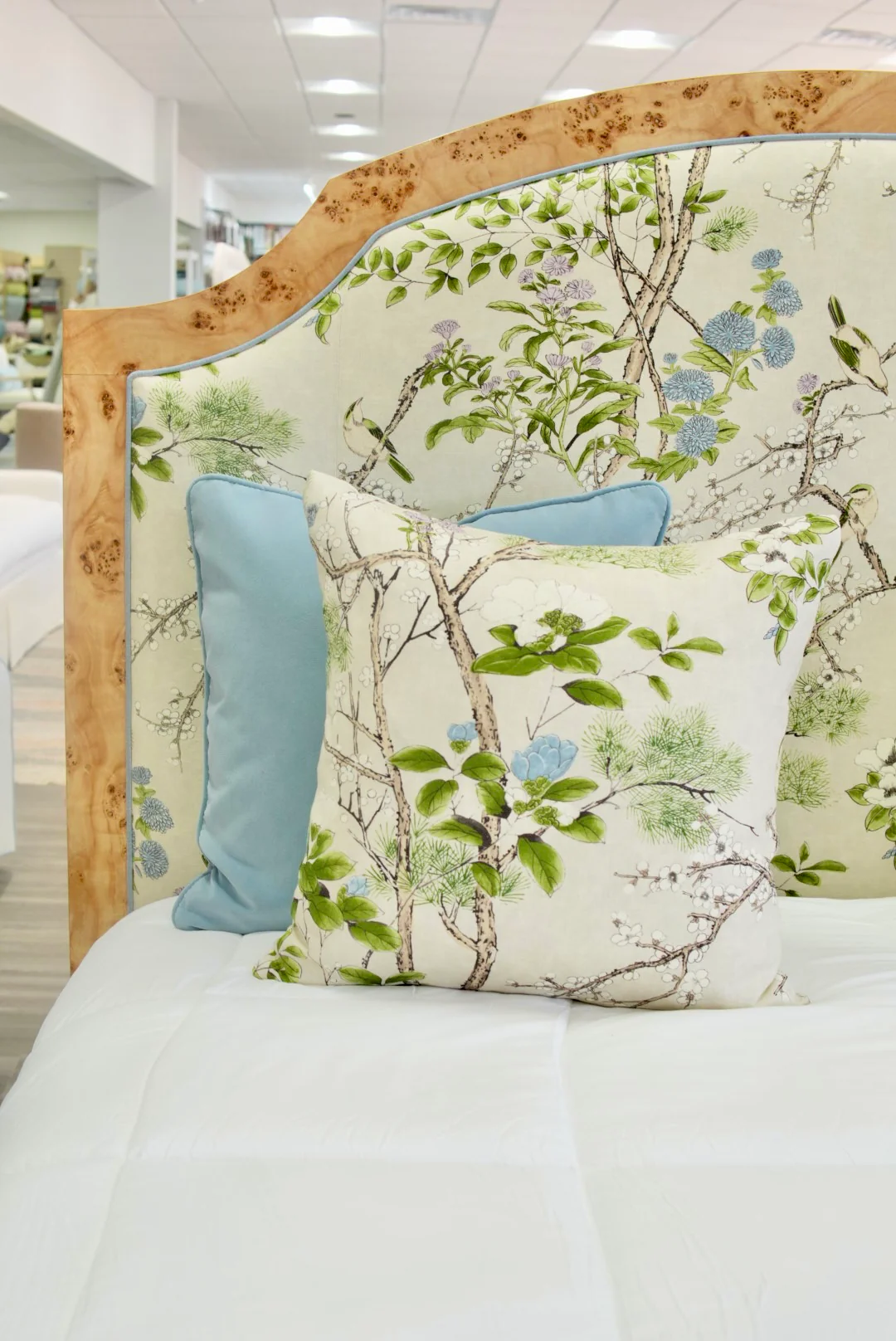 65"H Mappa Burlwood King Bed - Upholstered in Katsura Thibaut Fabric - Blue Trim - Image 4