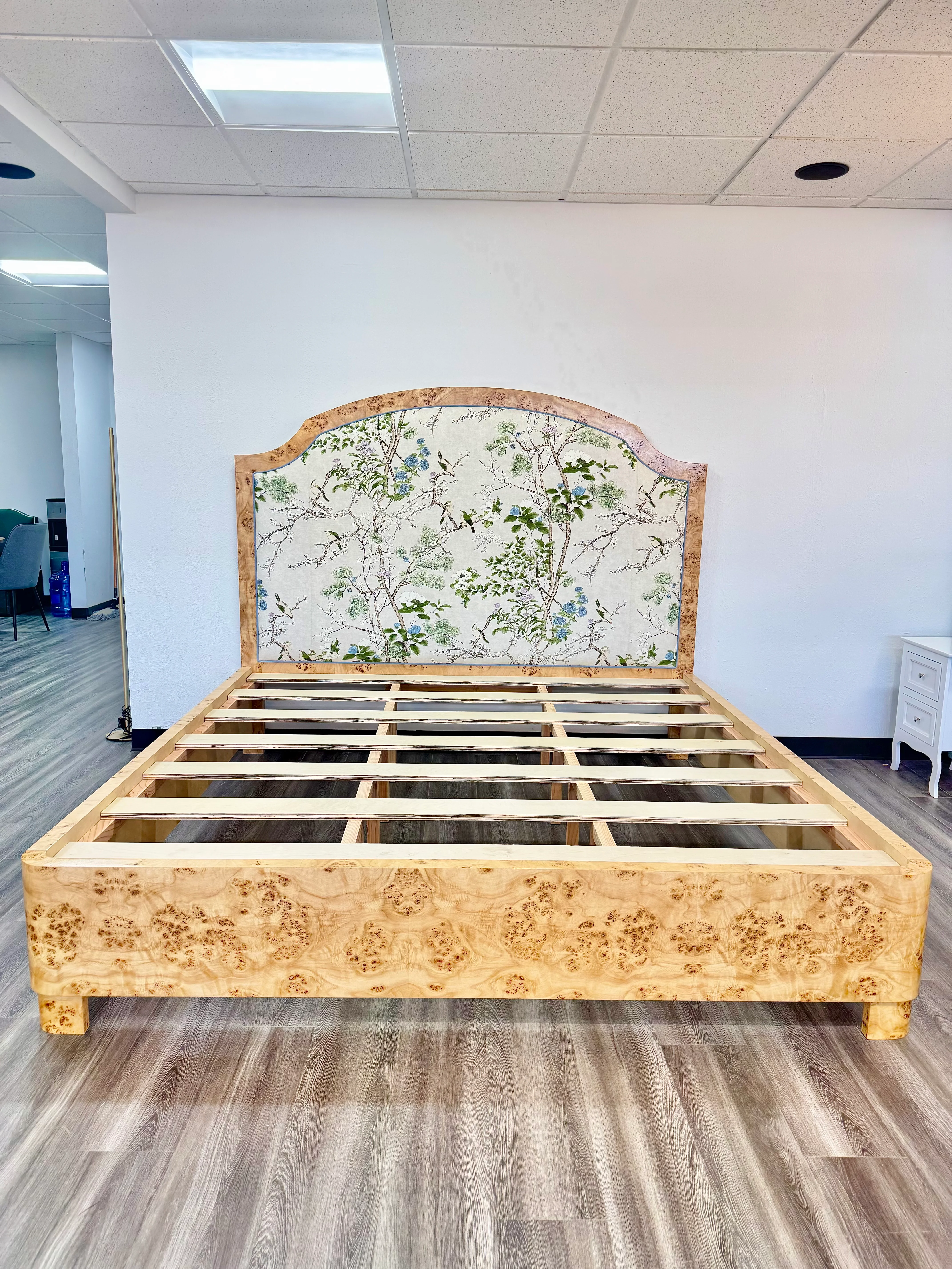 65"H Mappa Burlwood King Bed - Upholstered in Katsura Thibaut Fabric - Blue Trim - Image 9