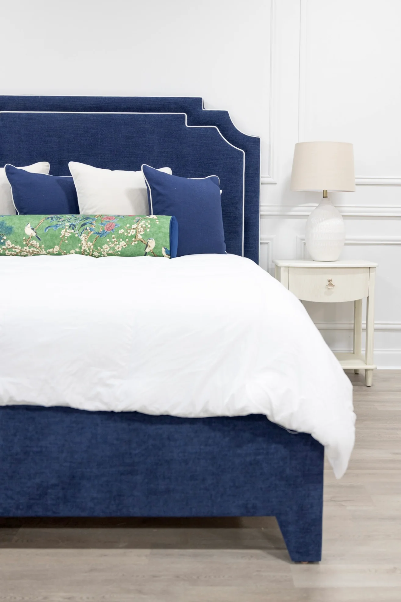 65"H Martha King Platform Bed - Upholstered Legs - Crypton Navy Blue Fabric - White Trim - Image 2