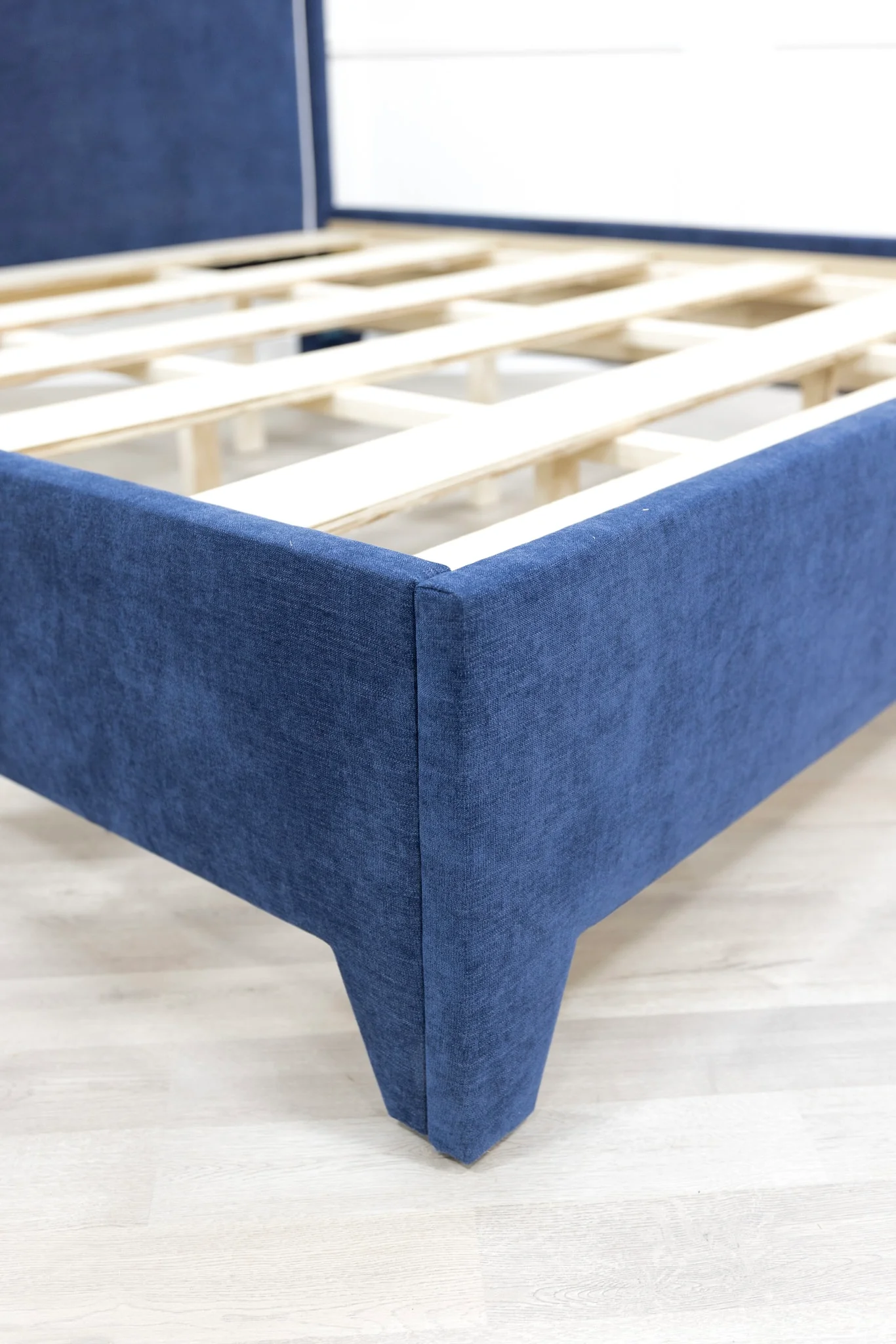 65"H Martha King Platform Bed - Upholstered Legs - Crypton Navy Blue Fabric - White Trim - Image 5