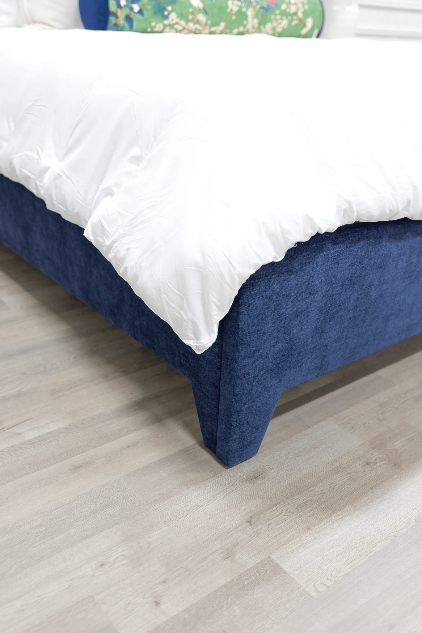 65"H Martha King Platform Bed - Upholstered Legs - Crypton Navy Blue Fabric - White Trim - Image 8