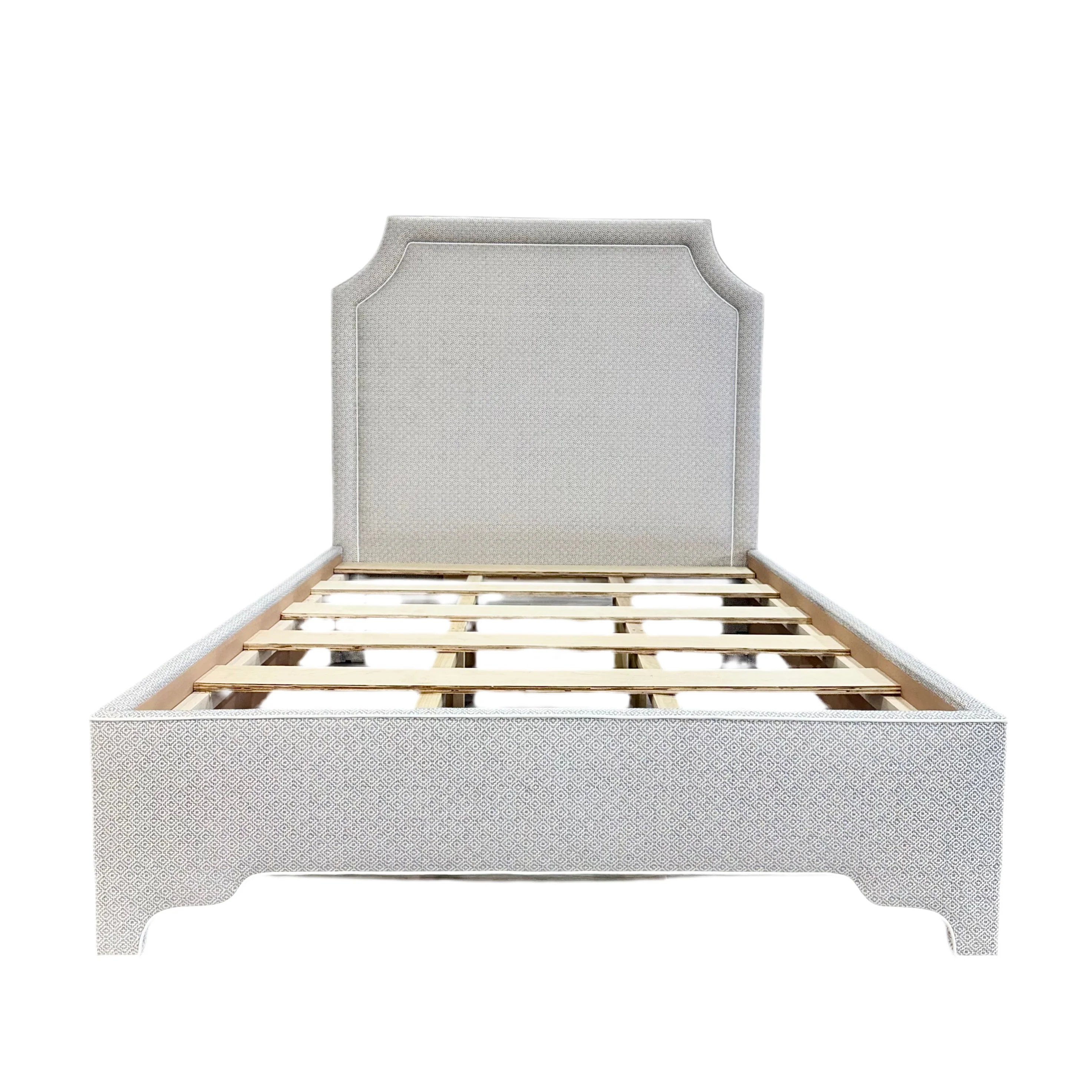 65"H Queen Bed - Geometric Grey Fabric with White Trim