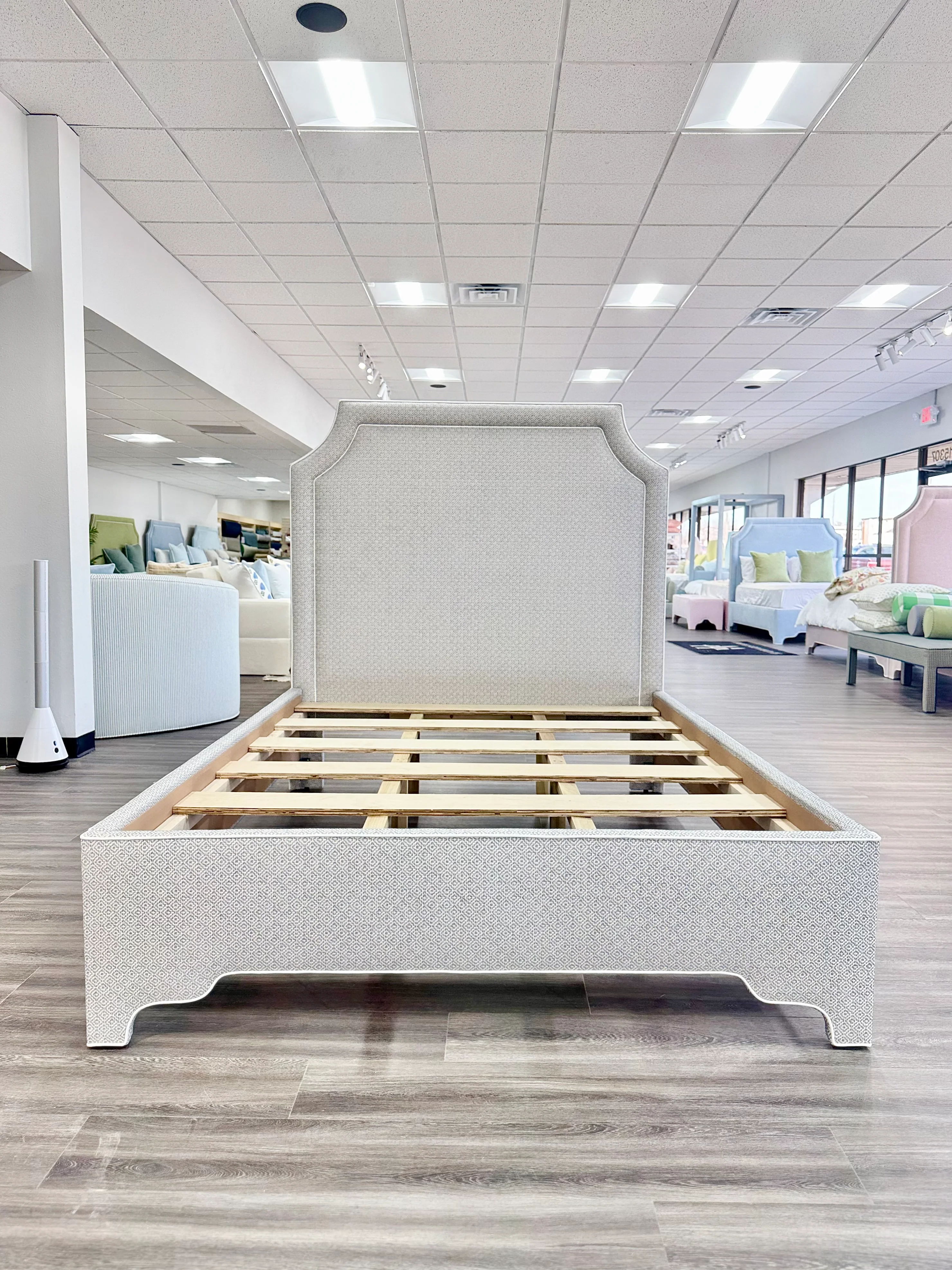65"H Queen Bed - Geometric Grey Fabric with White Trim - Image 5