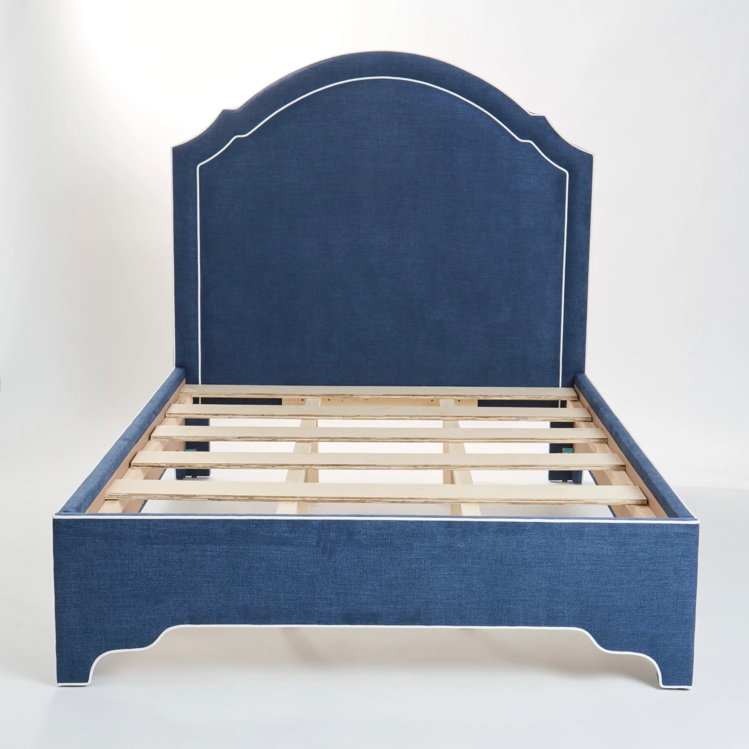 65"H Queen Upholstered Platform Bed - Scalloped Legs - Navy Woven Fabric with White Trim - Image 5