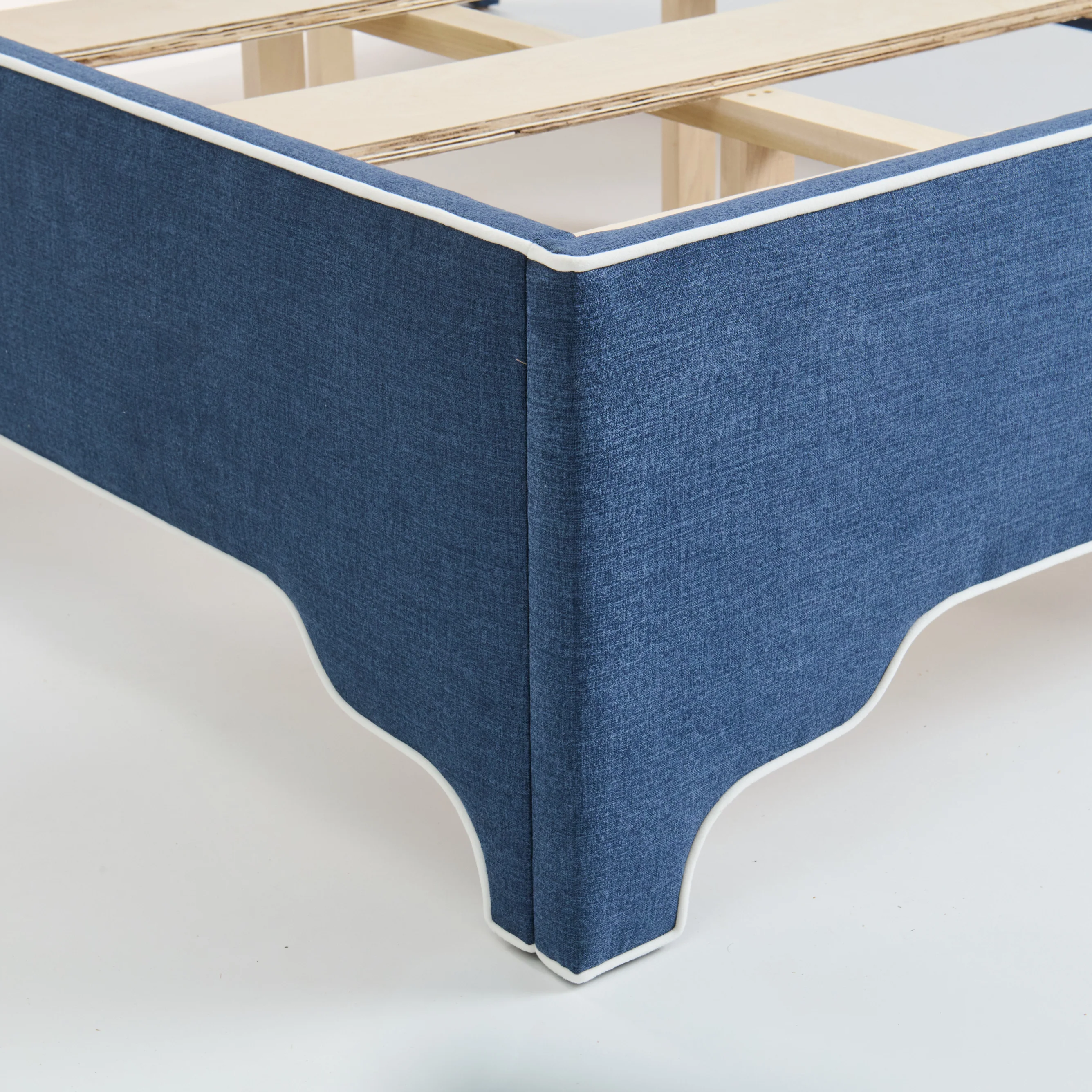 65"H Queen Upholstered Platform Bed - Scalloped Legs - Navy Woven Fabric with White Trim - Image 6