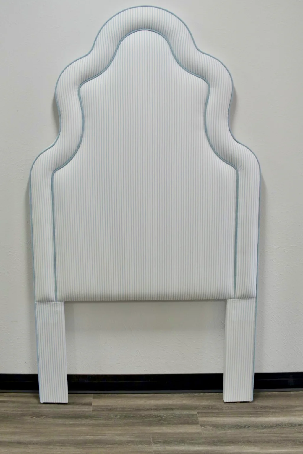 70”H Twin Headboard - Classic Blue Striped Fabric with Sky Blue Trim - Image 4
