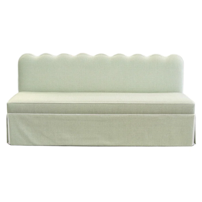 76"L Custom Scalloped Banquette in Darcy Fabric from Thibaut - Modern Upholstered Dining Banquette with Pleated Skirt