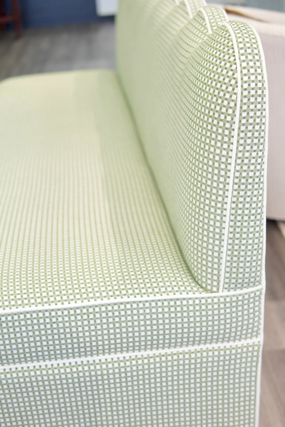 76"L Custom Scalloped Banquette in Darcy Fabric from Thibaut - Modern Upholstered Dining Banquette with Pleated Skirt - Image 4