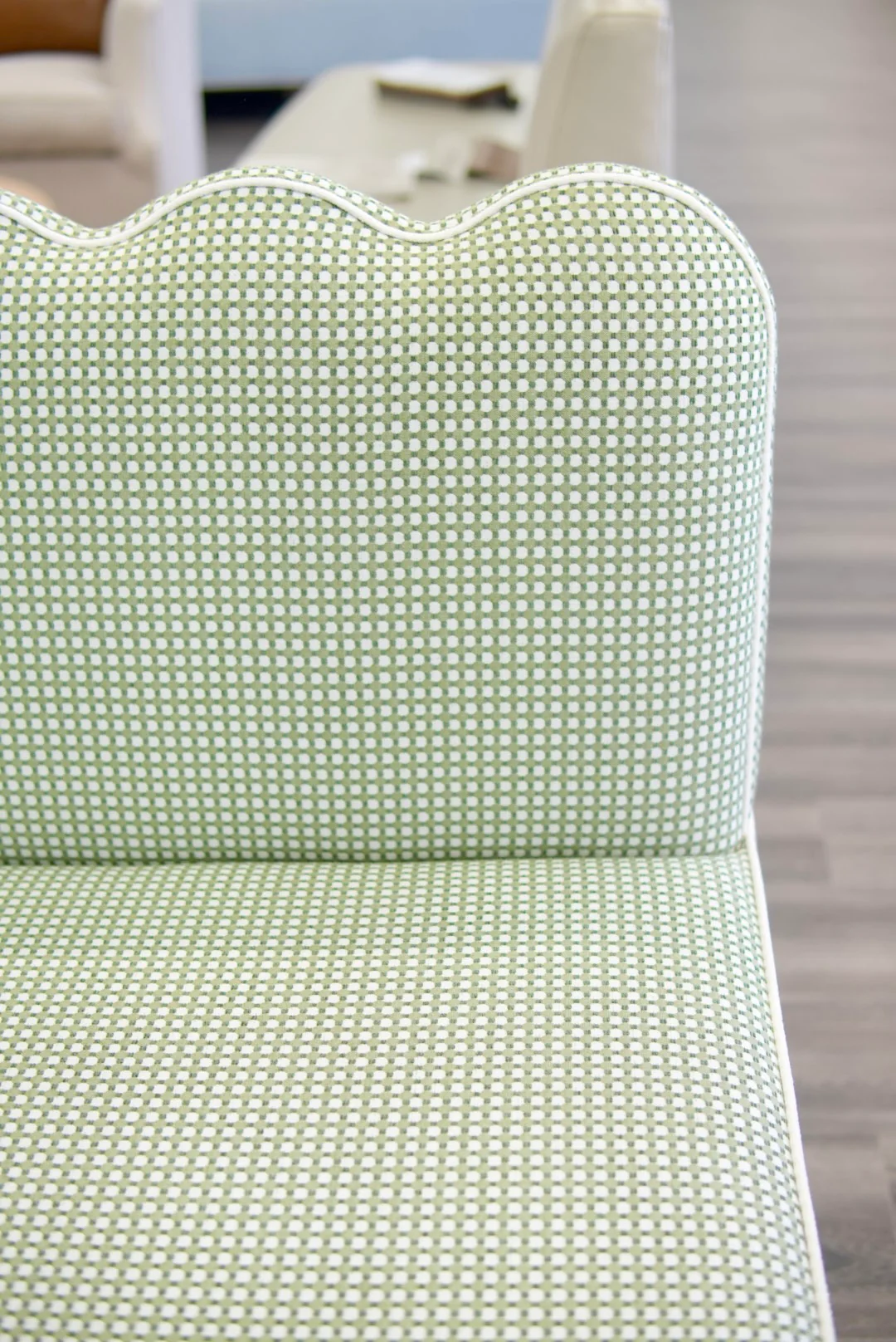 76"L Custom Scalloped Banquette in Darcy Fabric from Thibaut - Modern Upholstered Dining Banquette with Pleated Skirt - Image 7