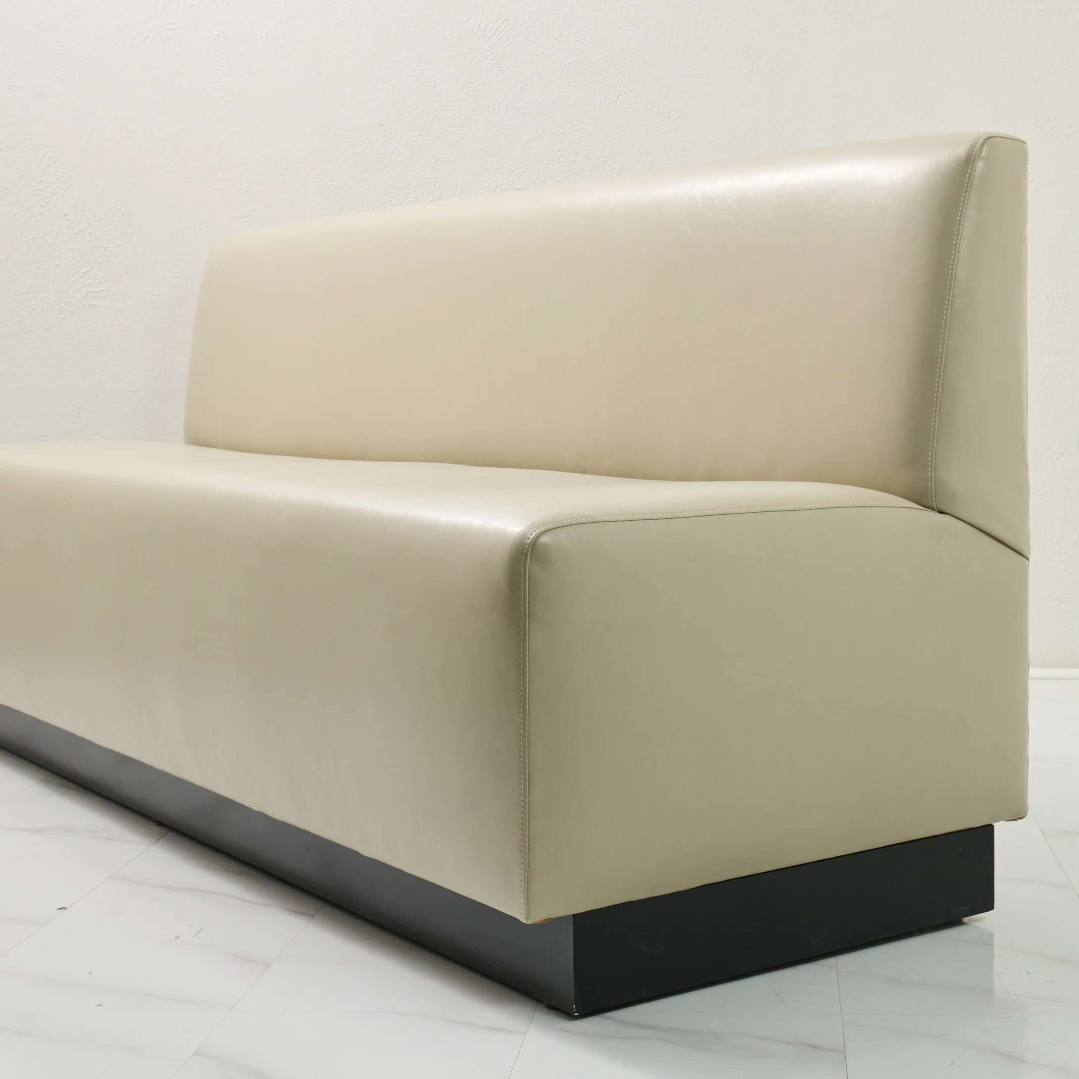 84"L Custom Banquette in Faux Leather - Modern Upholstered Dining bench with Wooden Stained Base - Image 2