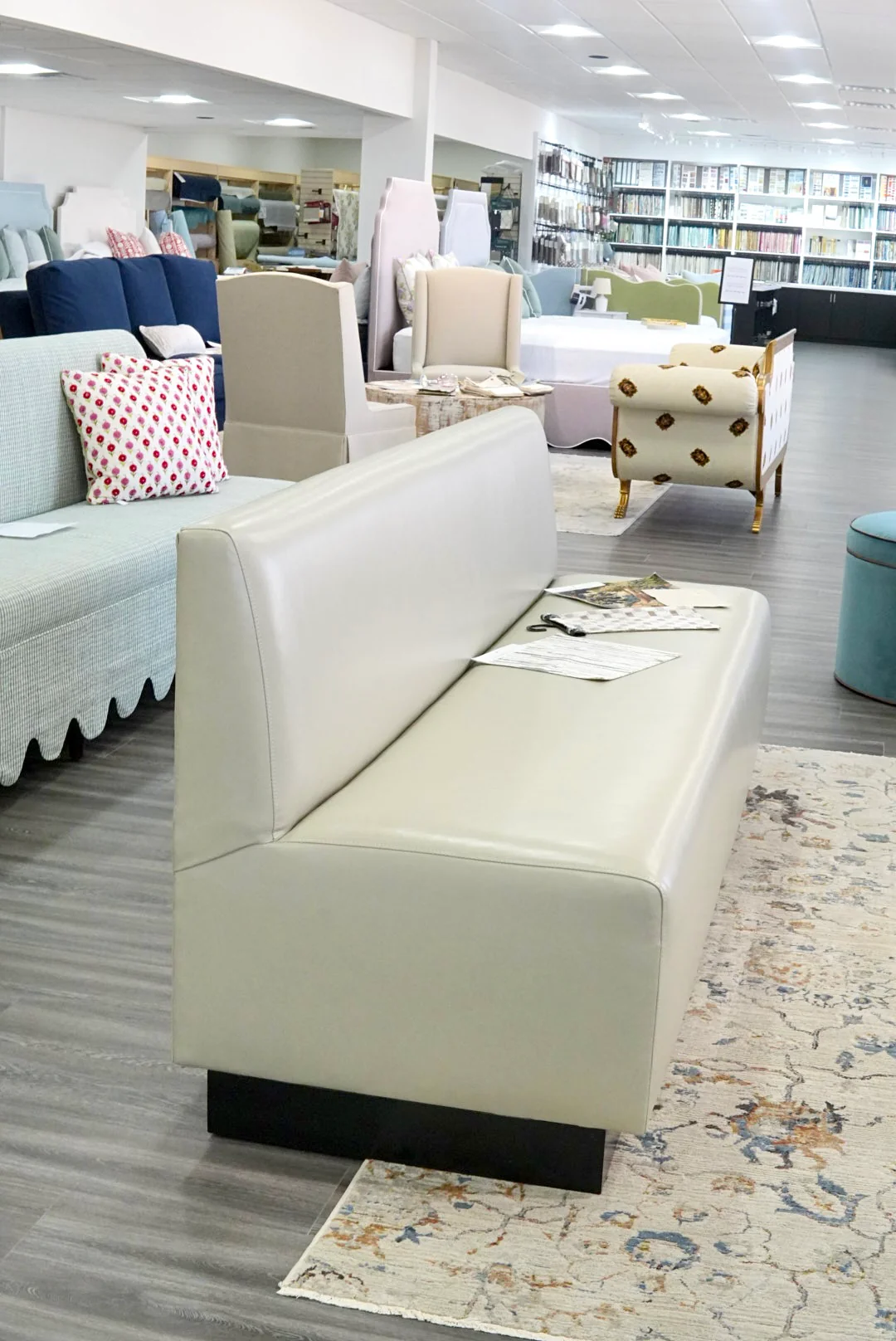 84"L Custom Banquette in Faux Leather - Modern Upholstered Dining bench with Wooden Stained Base - Image 6