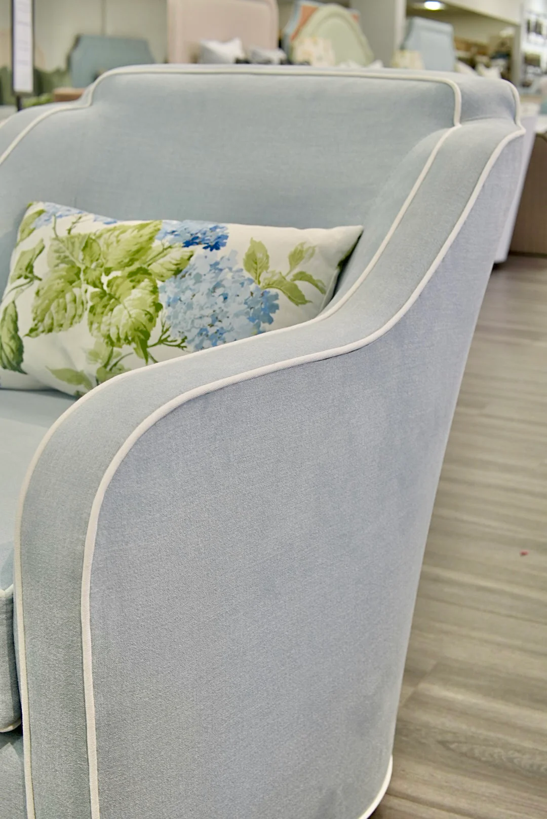 Custom Scalloped Swivel Chair: Sky Blue woven Fabric - Image 10