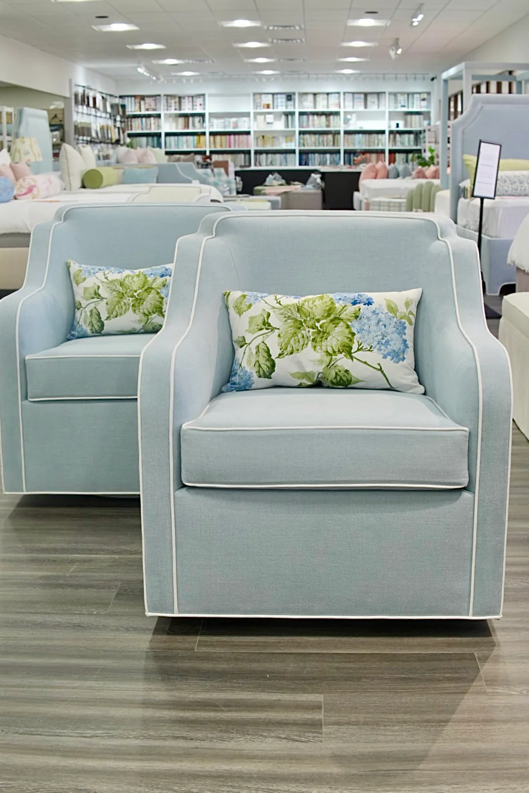Custom Scalloped Swivel Chair: Sky Blue woven Fabric - Image 2