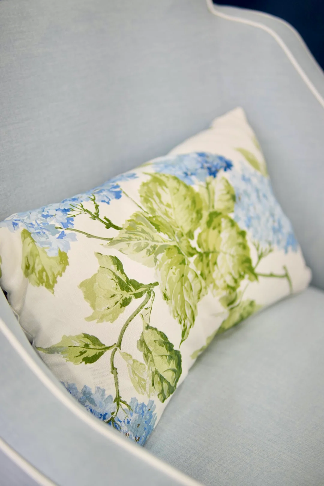 Custom Scalloped Swivel Chair: Sky Blue woven Fabric - Image 4