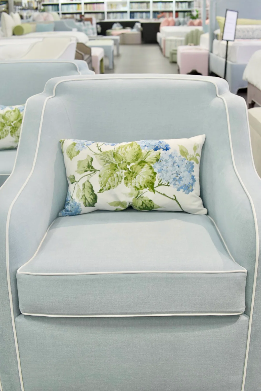Custom Scalloped Swivel Chair: Sky Blue woven Fabric - Image 9
