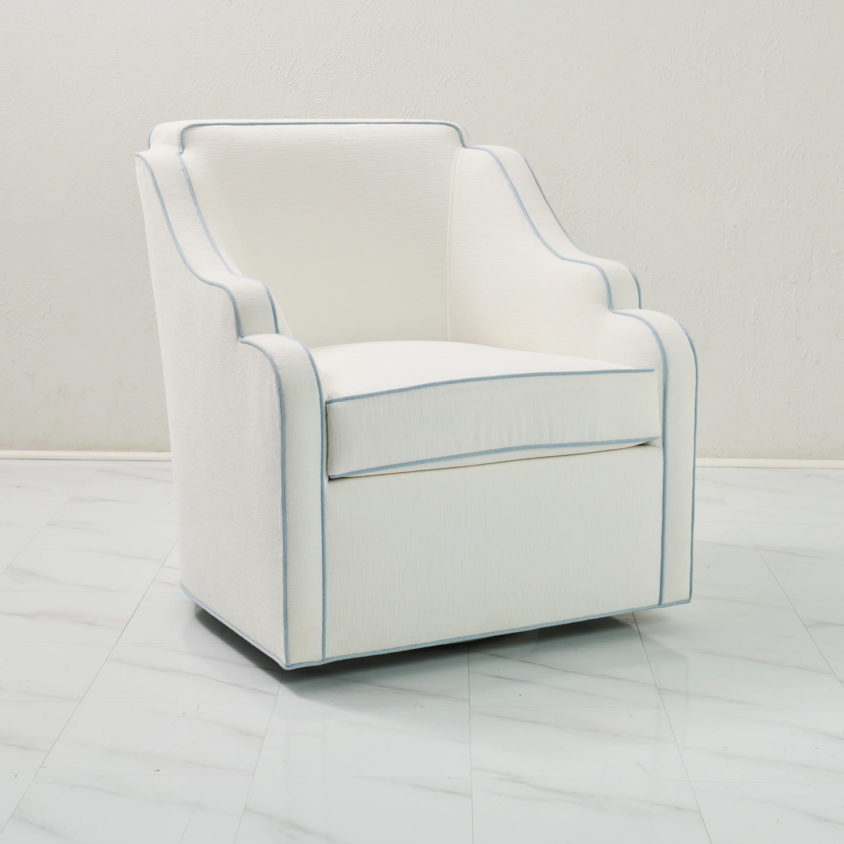 Custom Scalloped Swivel Chair: White Performance Fabric - Sky Blue Trim - Image 10