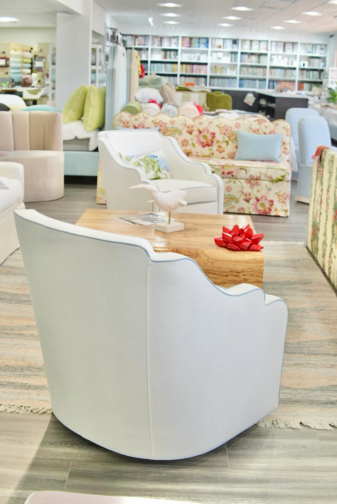 Custom Scalloped Swivel Chair: White Performance Fabric - Sky Blue Trim - Image 2