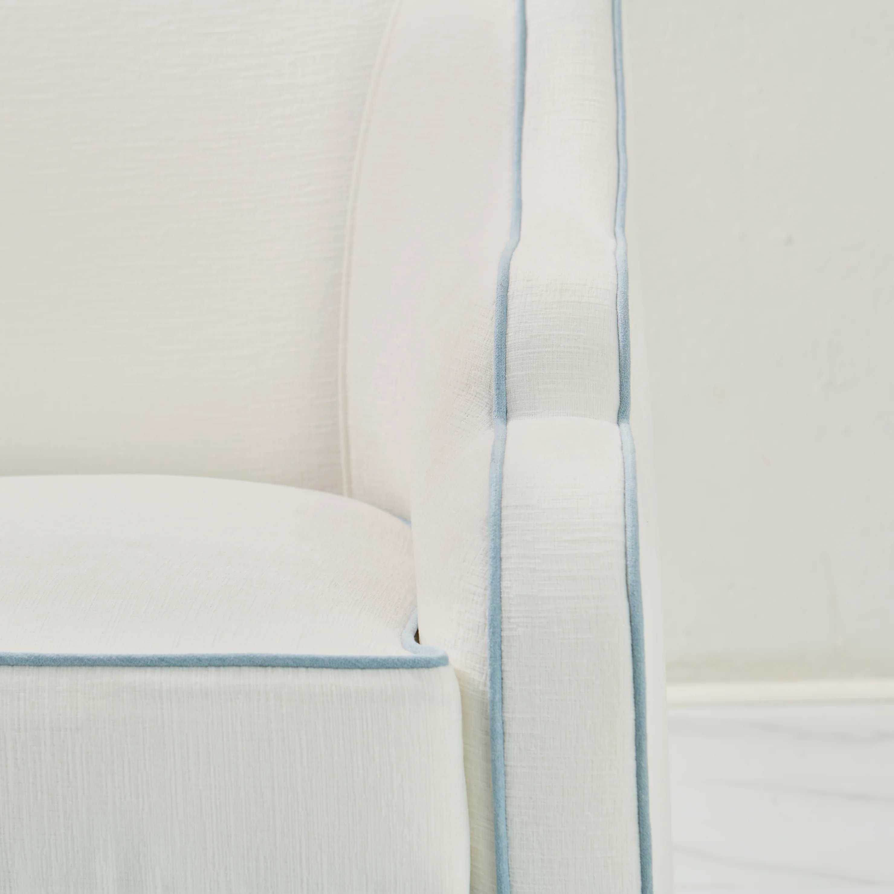 Custom Scalloped Swivel Chair: White Performance Fabric - Sky Blue Trim - Image 3