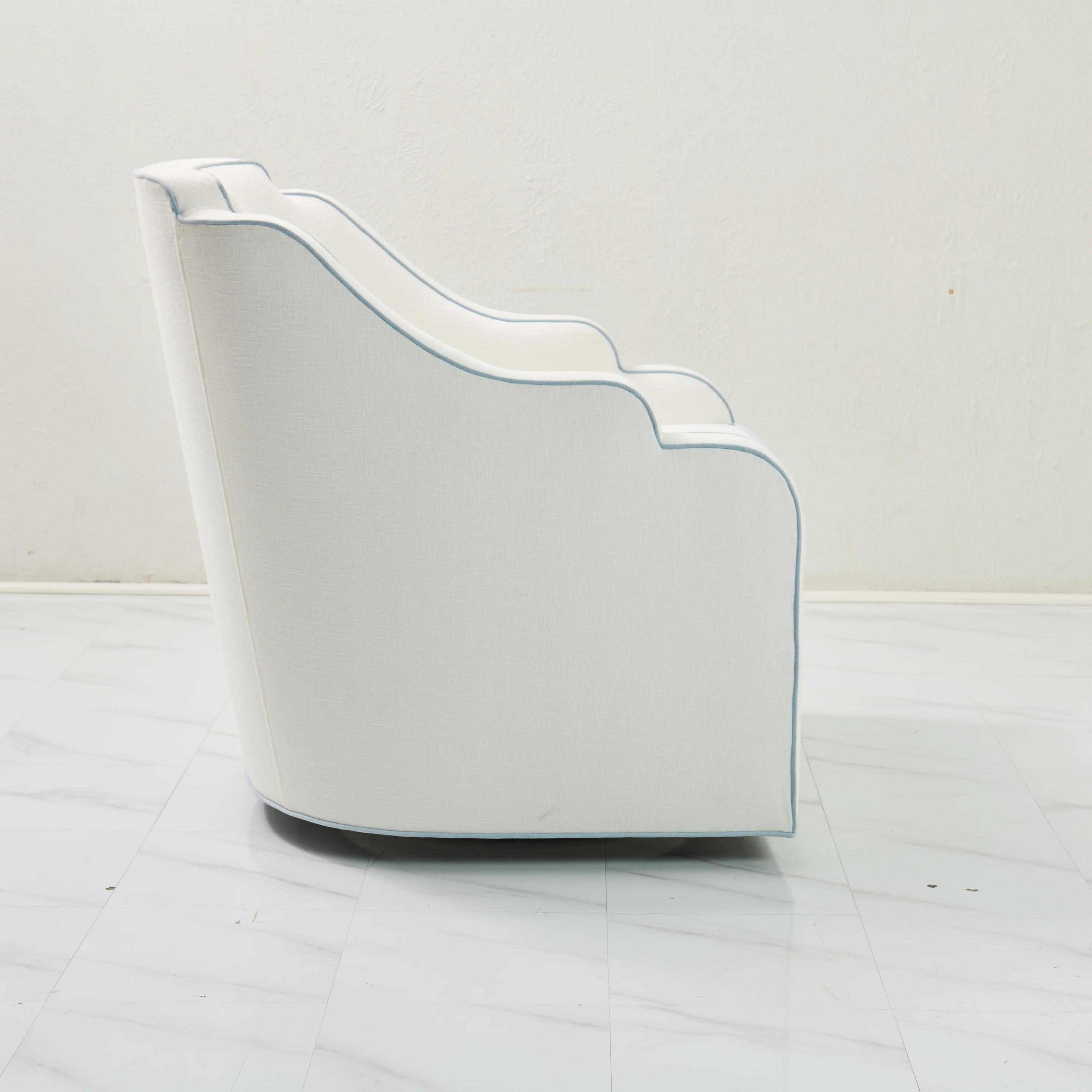 Custom Scalloped Swivel Chair: White Performance Fabric - Sky Blue Trim - Image 4